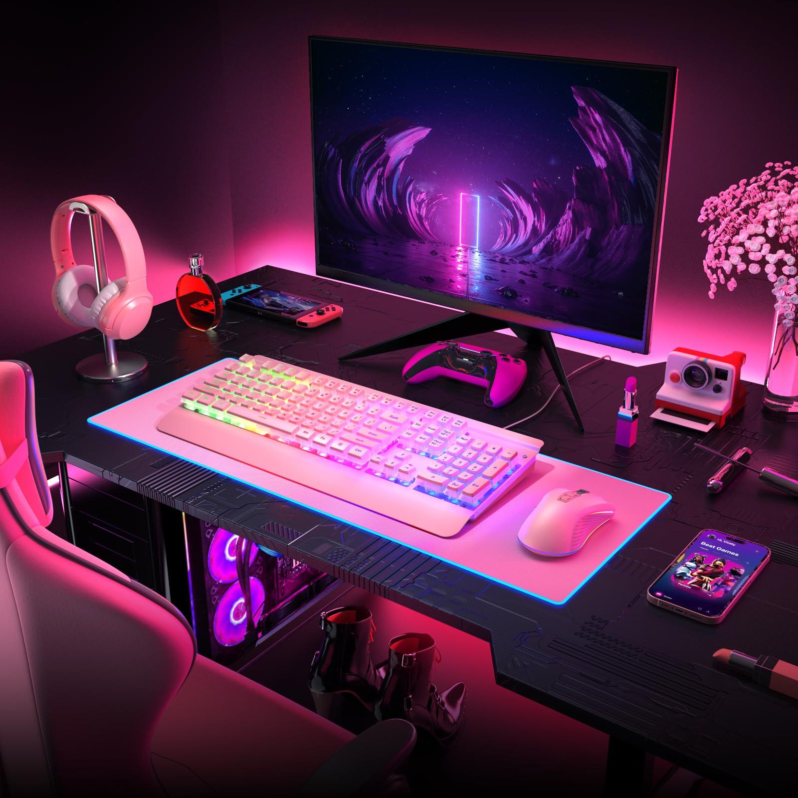 Pink Creamy Keyboard, 104 Keys All-Metal Panel, Rainbow LED Backlit Silent Gaming Keyboard, Wrist Rest, PBT Keycap, Anti-ghosting Keys, Light Up USB Wired Computer Keyboard for PC - Image 7