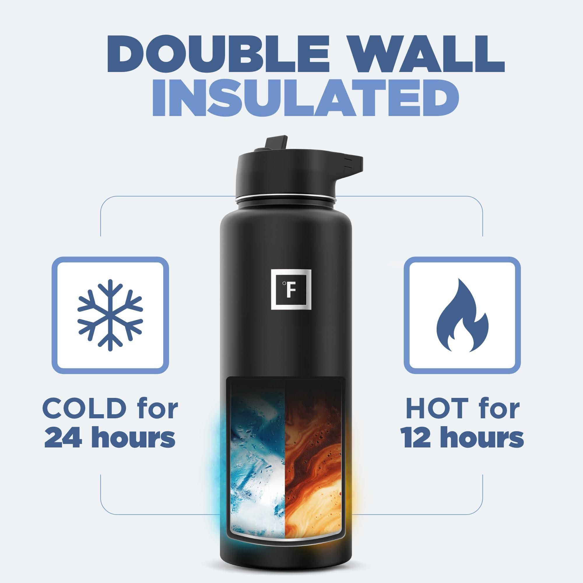 IRON °FLASK Camping & Hiking Hydration Flask with 3 Lids - Stainless Steel, Double Walled & Vacuum Insulated Water Bottle - Leak Proof & BPA Free (Midnight Black, Straw - 40 oz) - Image 5