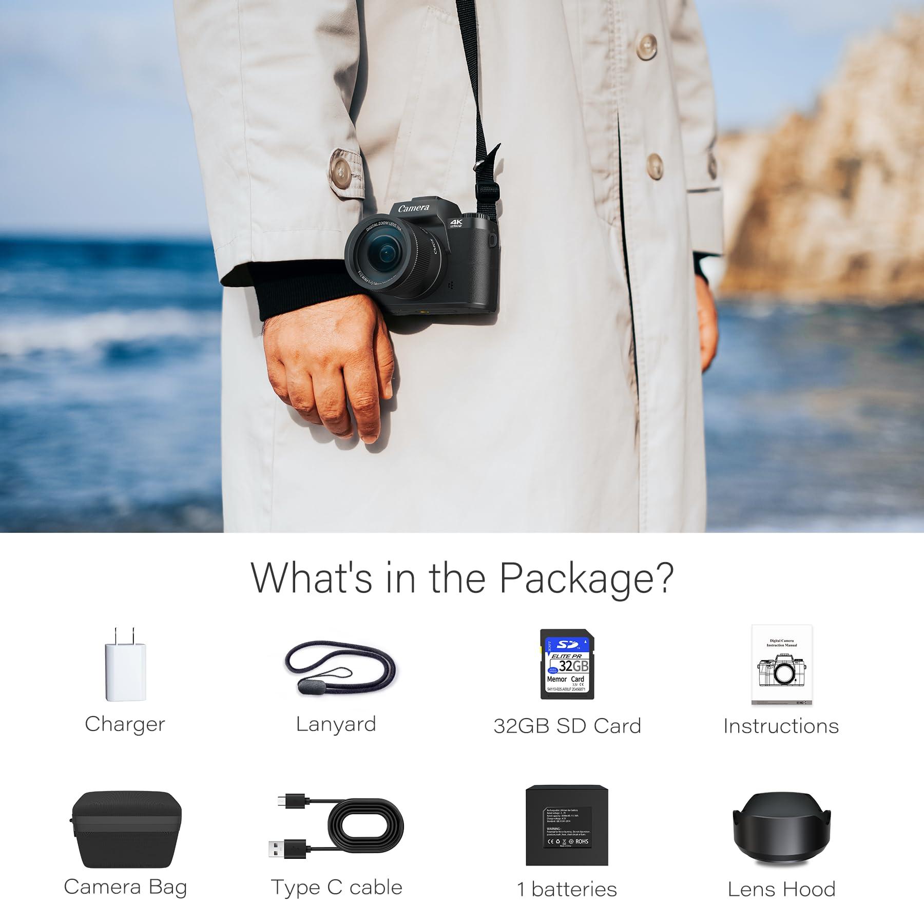 Saneen Digital Camera for Photography, 4K 64MP WiFi Touch Screen Vlogging Camera with Flash, 32GB Micro Card, Lens Hood, 3000mAH Battery, Front and Rear Cameras, 4″Big Screen, Hot Shoe Interface-Black - Image 9
