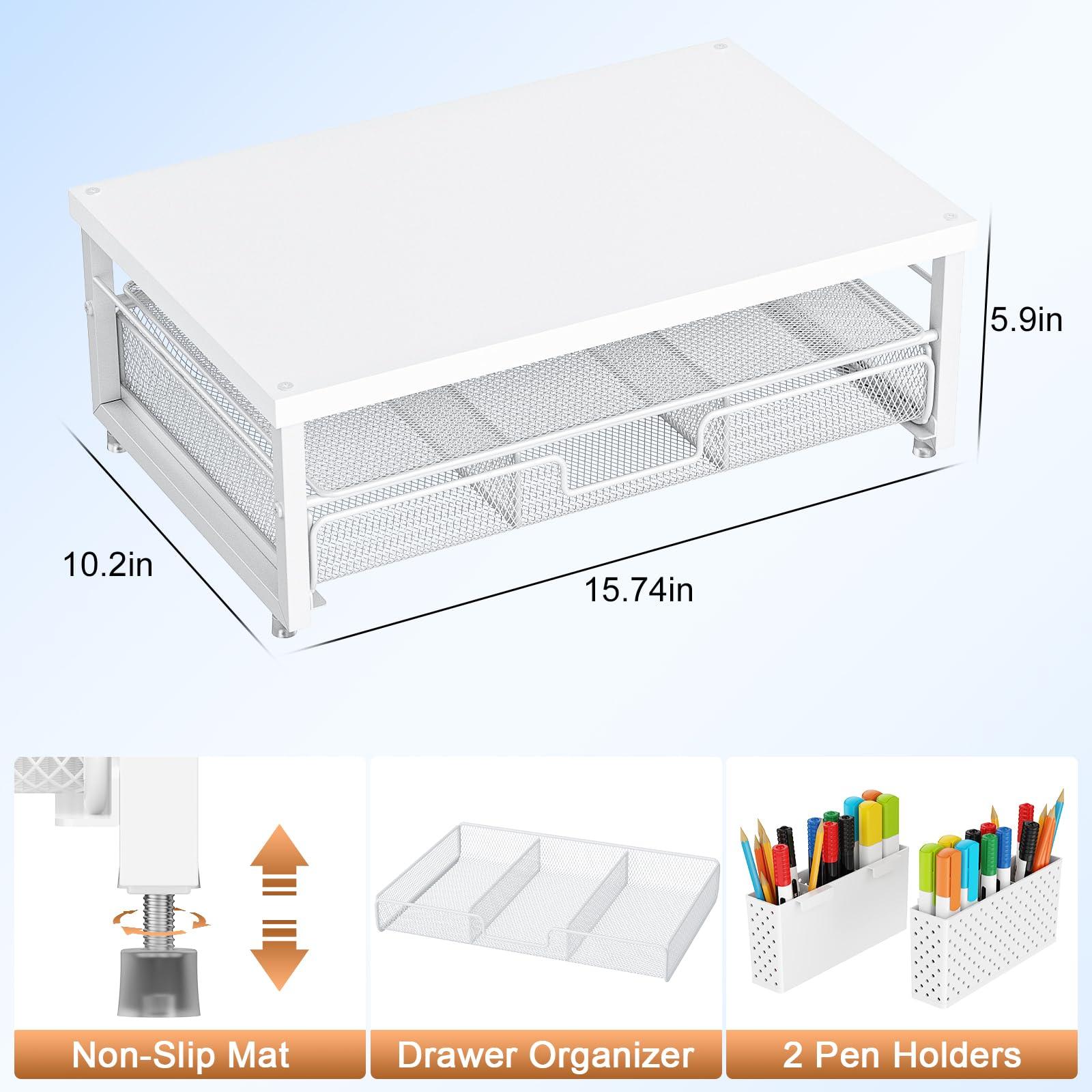 gianotter Monitor Stand Riser, Desk Organizer with Drawer and Pen Holder, 2-Tier Computer Stand, Office Desk Accessories, Office Organization (White Wood + Metal) - Image 3