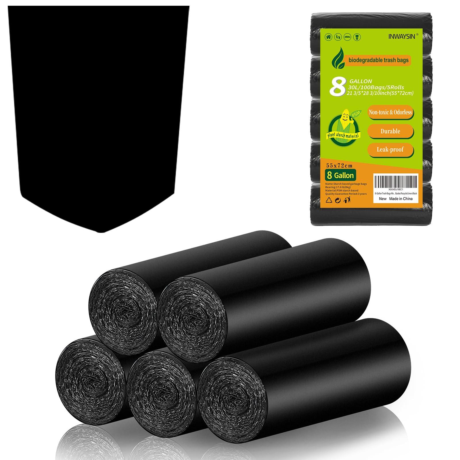 Biodegradable Trash Bags 8 Gallon Black - Medium Garbage Bags 8-10 Gallon Tall Kitchen Compostable Unscented 100 Count Recycling Strong Thick Office Waste Basket Liners Bulk Inwaysin