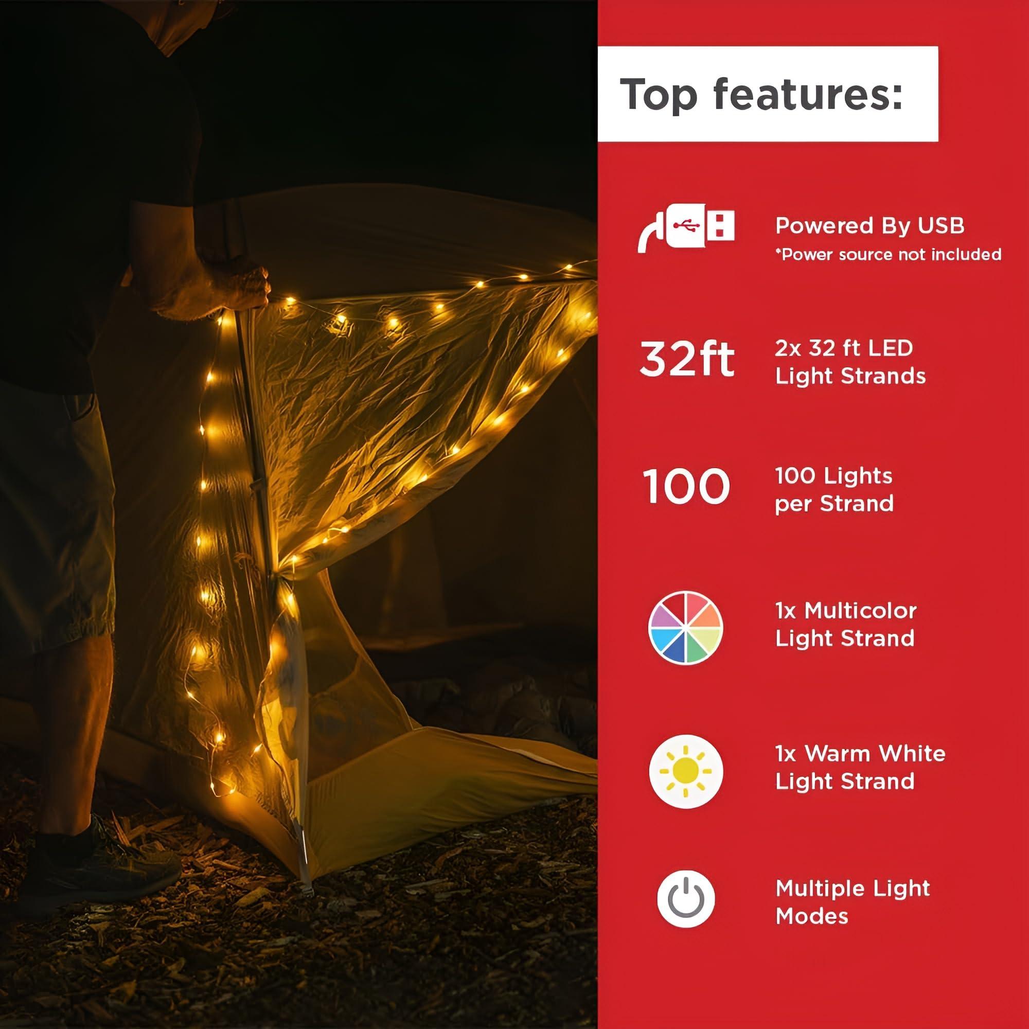 LuminAID LED String Lights - 2-Pack of 32ft USB Lights with 100 LED Bulbs per Strand - Warm White and Multicolor with 8 Modes - Perfect for Camping, Backyard, Patio, Power Outages, Indoor & Outdoor - Image 2