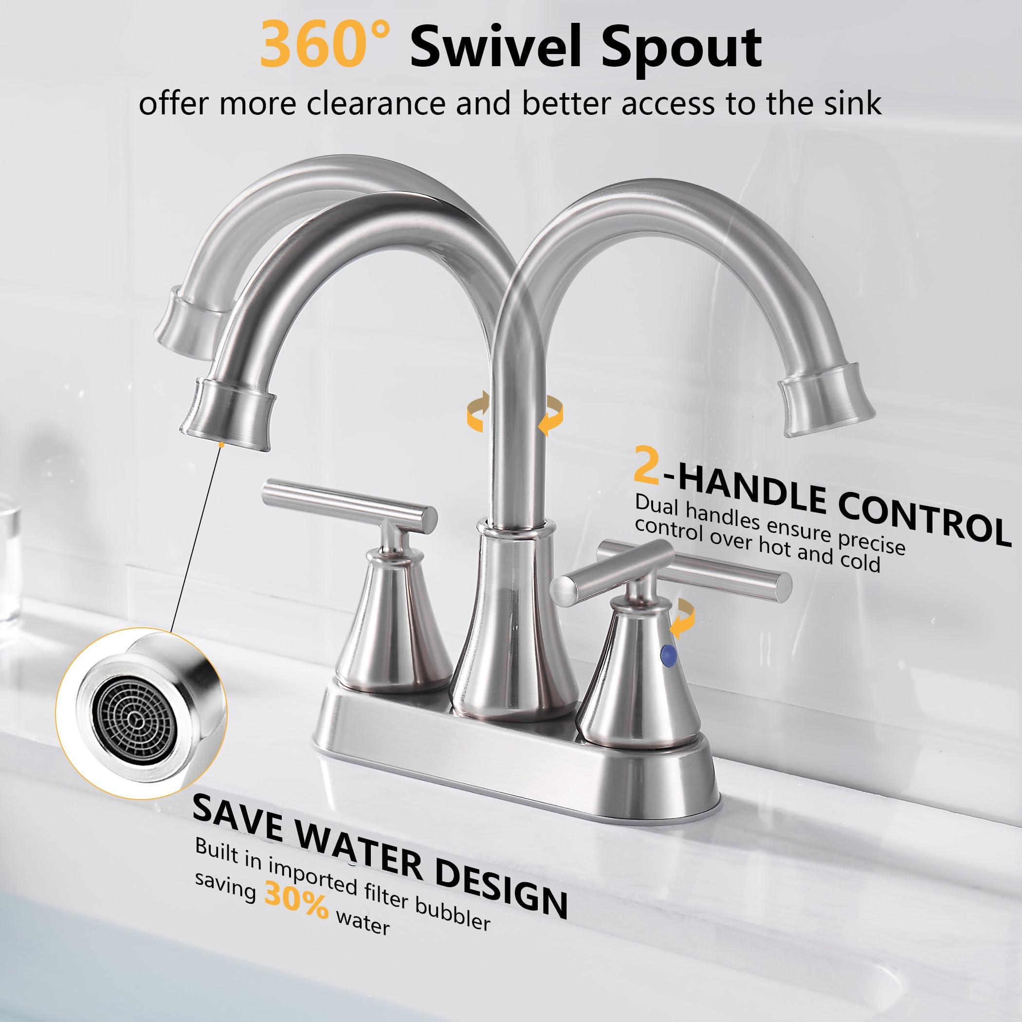 Bathroom Sink Faucet 4 Inch 2 Handle Centerset Brushed Nickel Lead-Free Modern Bathroom Faucet Vanity Faucet with Pop-up Drain Stopper and Supply Hoses - Image 4