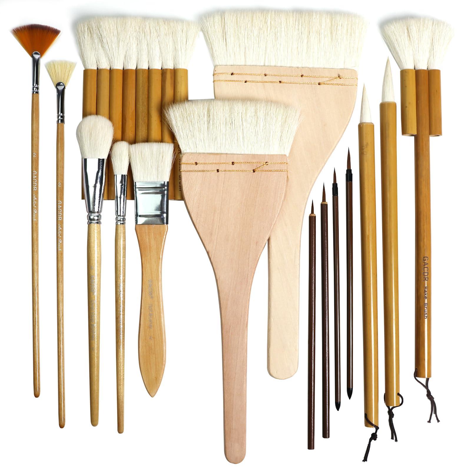 GACDR Pottery Brushes for Glazing,15 Pcs Ceramic Brushes Set with Storage Box Wool Bamboon Hake Brushes for Pottery Acrylic Watercolor
