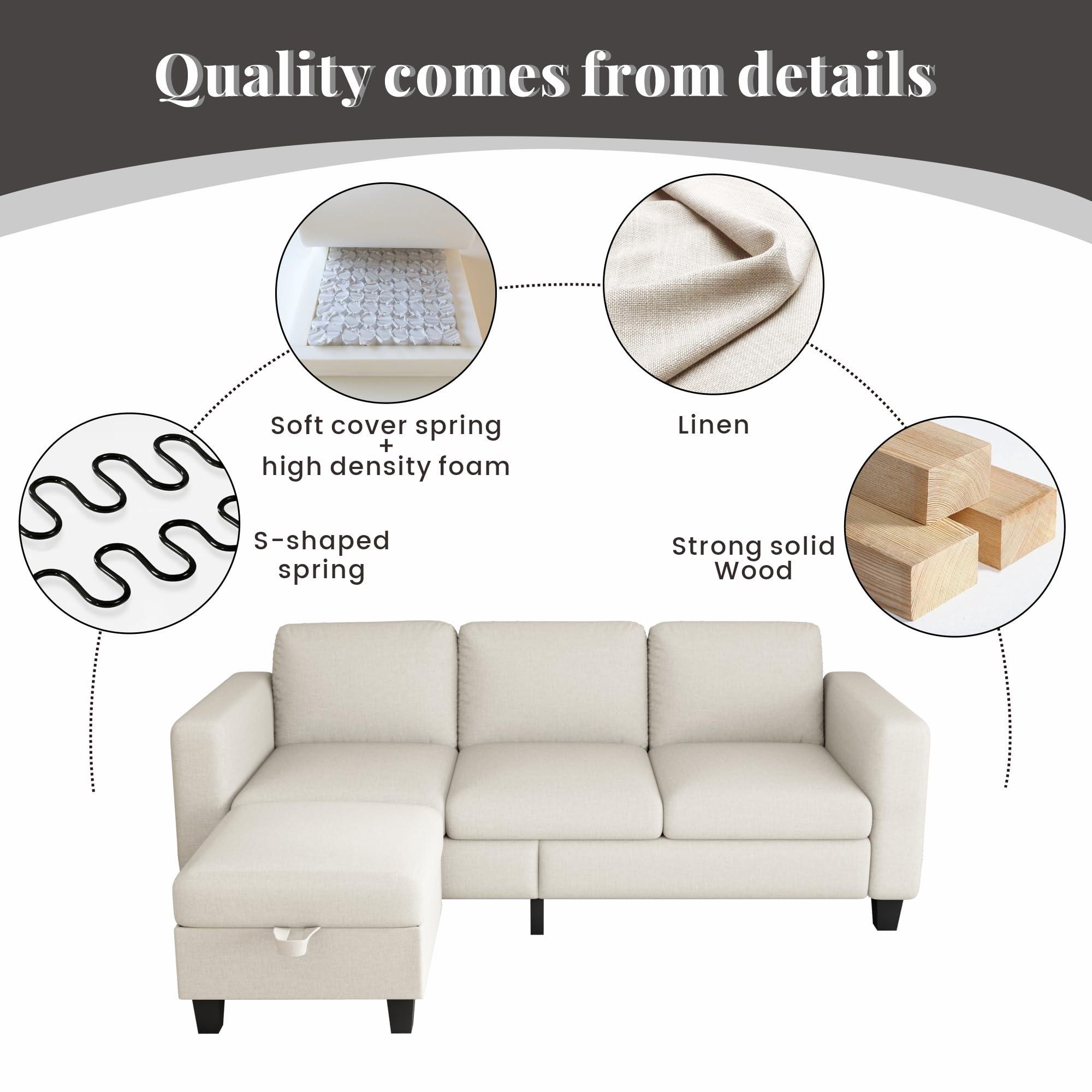 Clotius Sectional Sofa Couches for Living Room - L Shaped Cloud Couch-Small Modular 3 Seat-Comfy Linen with Storage Deep Seat Sofa,Washable Covers-Suitable for Living Room-Apartment-Office-Beige - Image 5