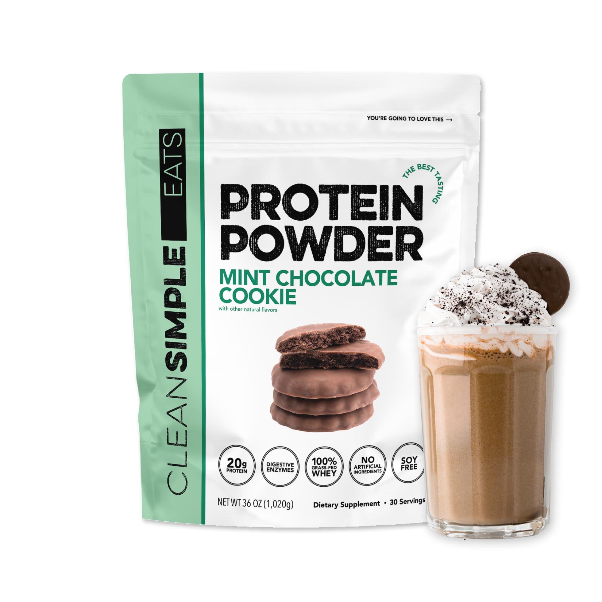 Clean Simple Eats Whey Protein Powder, Mint Chocolate Cookie Flavor Naturally Sweetened, 100% Grass Fed Protein Powder with Digestive Enzymes & No Artificial Ingredients, Gluten Free, 30 Servings