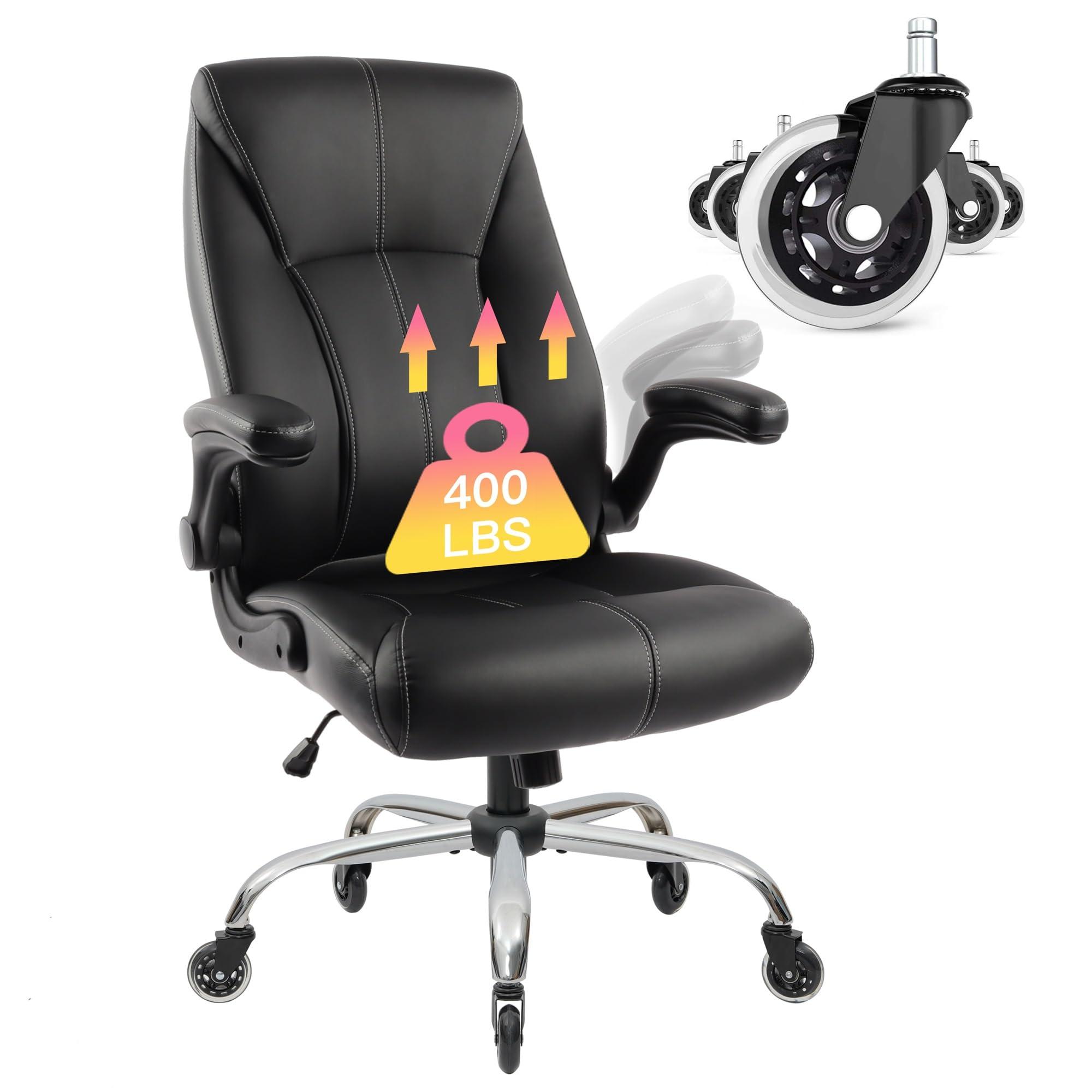 Big and Tall Office Chair 400lbs, Ergonomic High Back Executive Computer Chair for Heavy People, Heavy Duty Desk Chair with Adjustable Flip-up Armrests, Quiet Rubber Wheels&Lumbar Support, PU Leather