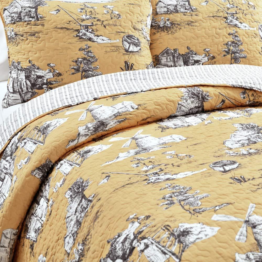 Lush Decor French Country Toile Cotton Reversible 3 Piece Quilt Set, Yellow & Gray, King - Image 3
