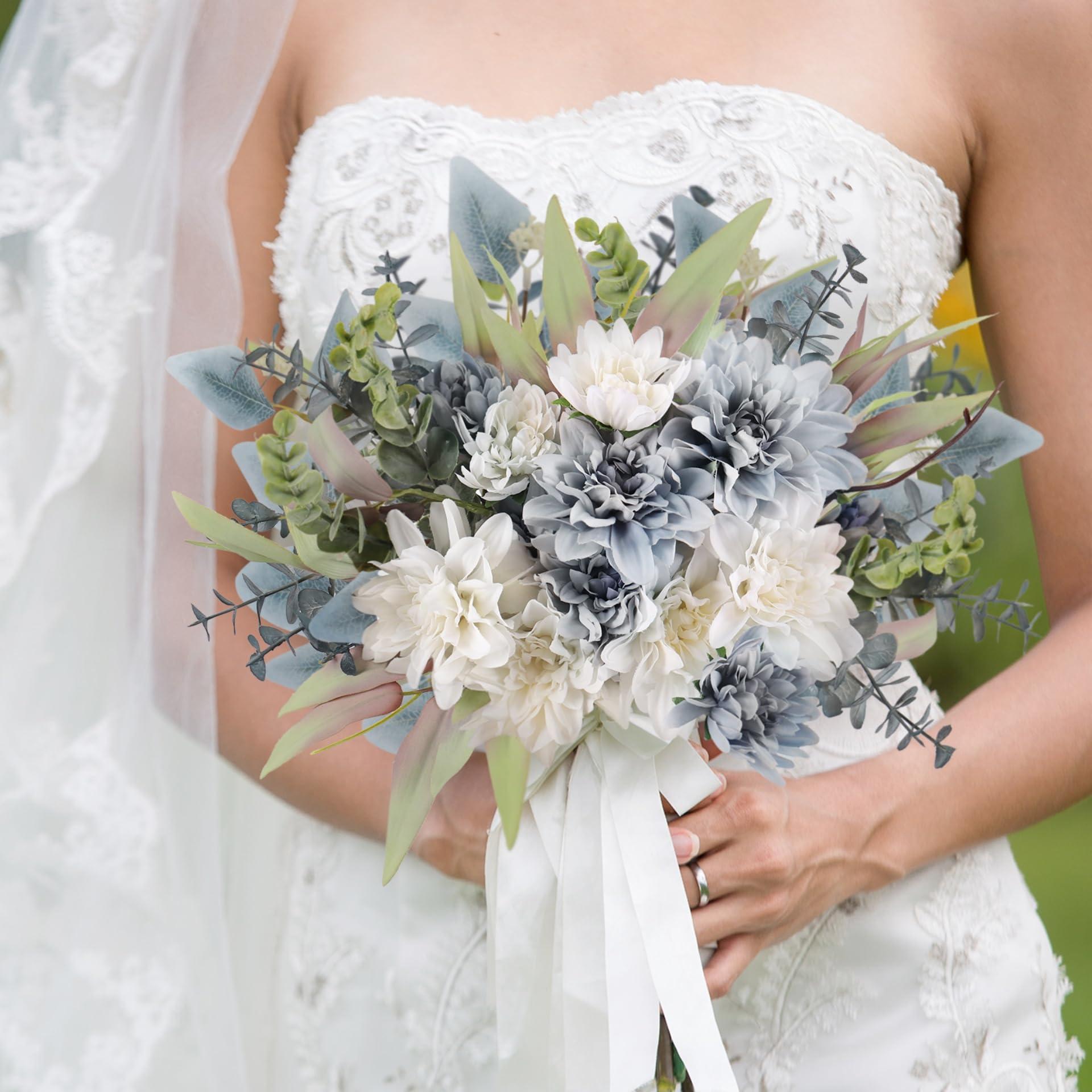 Fake Artificial Flowers Bouquet for Decoration, Silk Floral Arrangements Faux Flowers Plant Wedding Bride Bouquets Tables Centerpieces for Rustic Home Decor Indoor Vase Floral Table Decor (Blue White) - Image 5