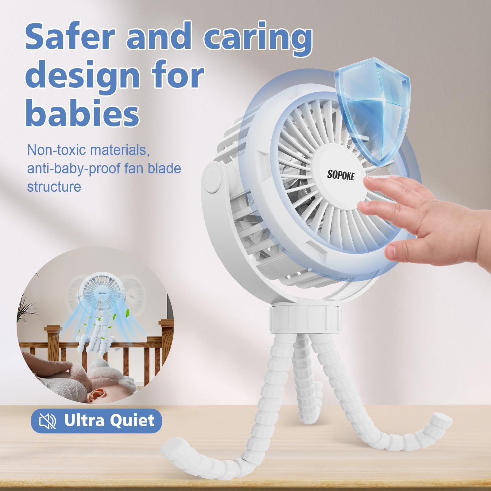 SOPOKE Mini Portable Baby Stroller Fan,3 Speed Personal Handheld Fan,Battery Operated Rechargeable 360° Flexible Tripod Cooling Fan, Suitable for Car Seat Crib Treadmill Golf Cart Travel(Yellow) - Image 4