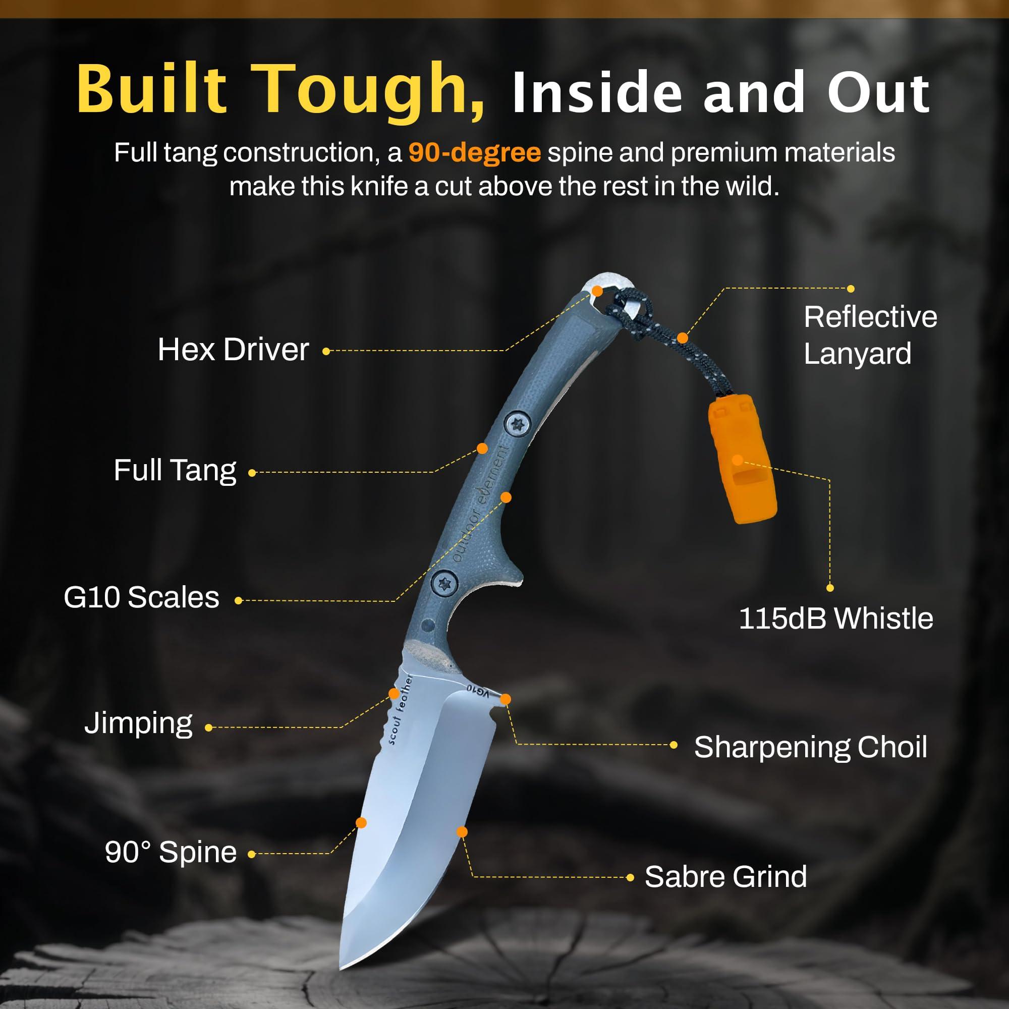 OUTDOOR ELEMENT Scout Feather - Adventure Survival Knife - Full Tang, Ceramic Honing V Notch built into included Sheath, Hex Driver in Handle, 115dB Emergency Whistle, Replacable Ferro Rod - Image 5
