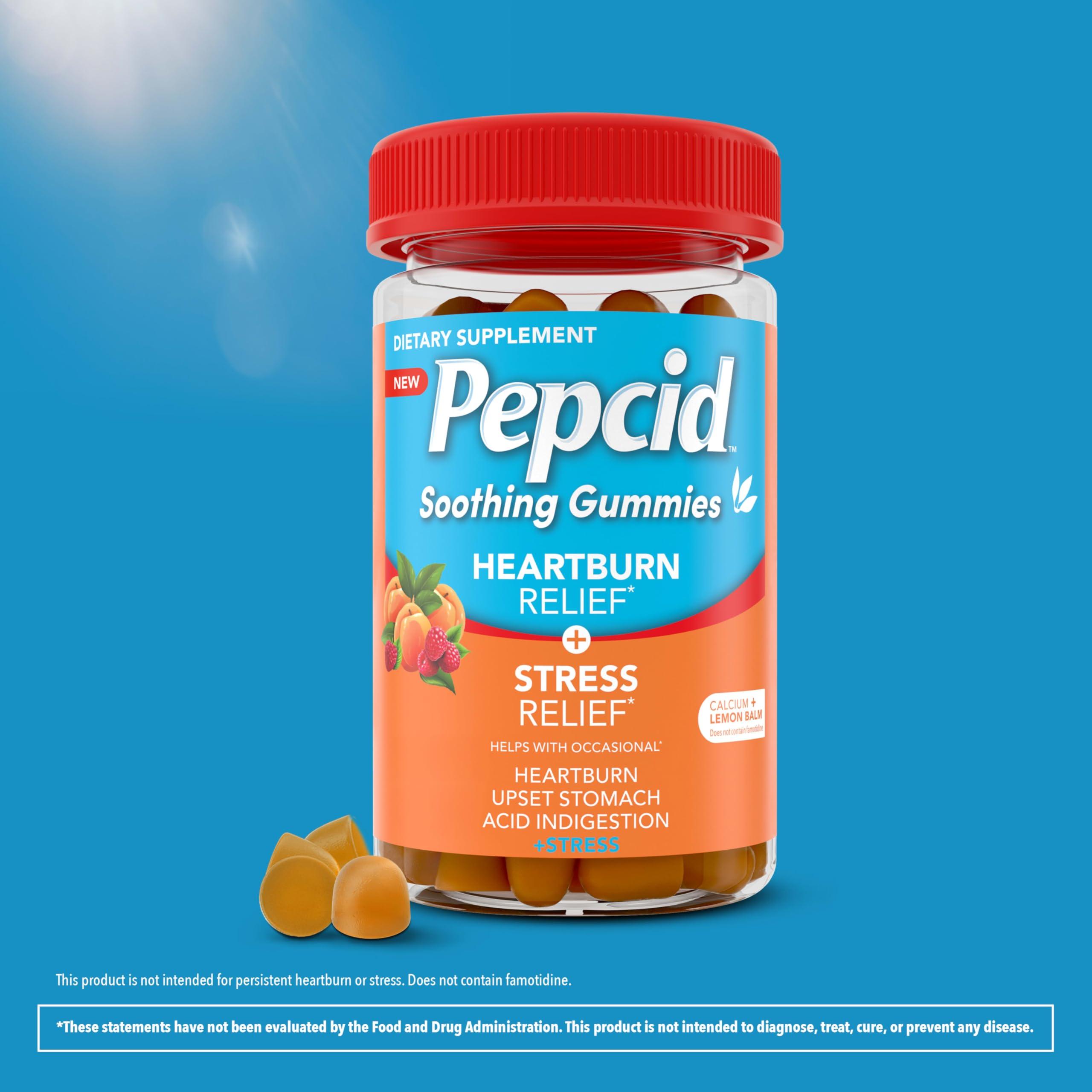 Pepcid Soothing Gummies, Heartburn Relief + Stress Relief Gummies Help with Occasional Heartburn, Upset Stomach, Acid Indigestion, & Stress, Tricalcium Phosphate, Peach-Raspberry, 32 ct - Image 2