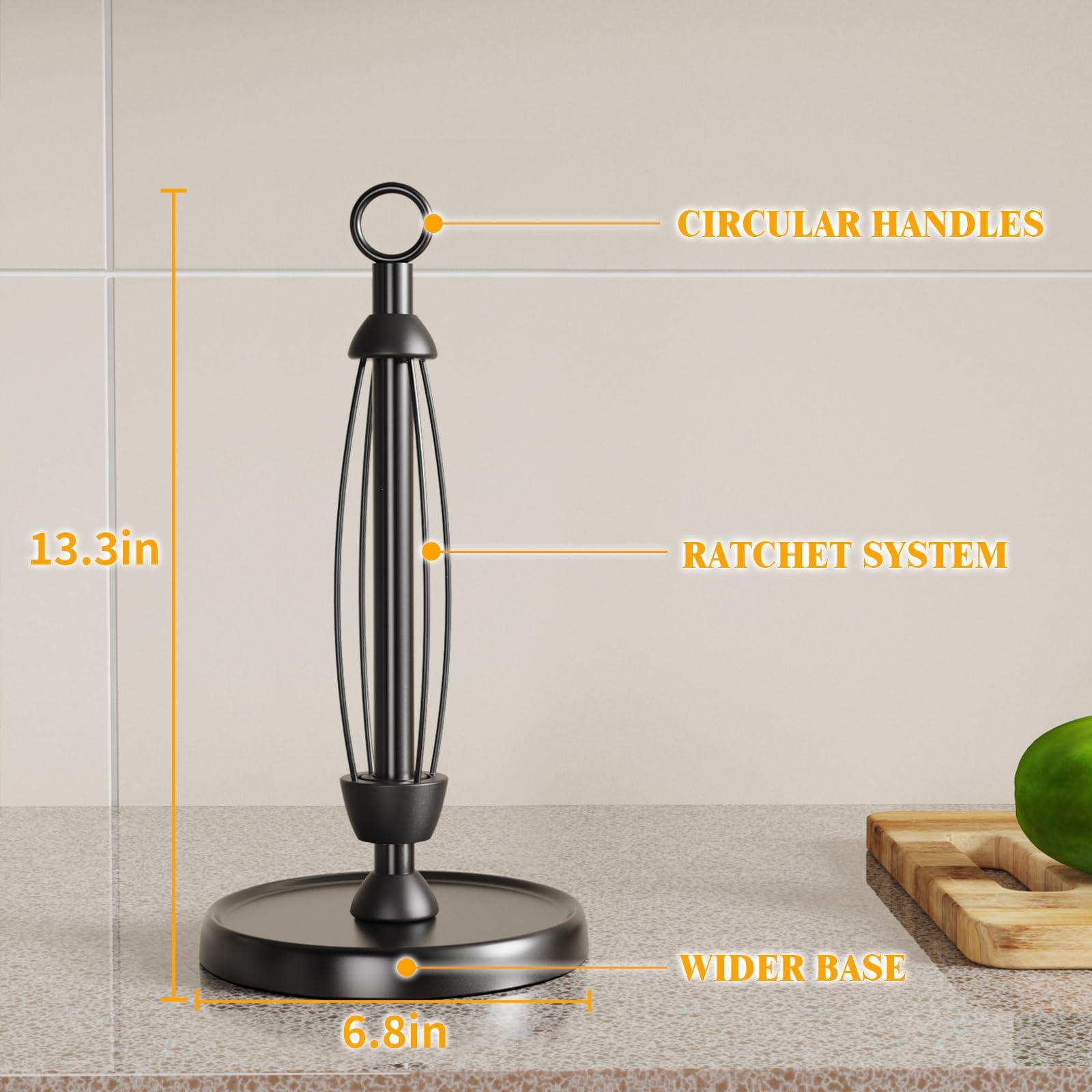 Black Paper Towel Holder Countertop, One-Handed Tear, Stainless Steel, Weighted Base, Ring Paper Towel Holder Stand with Ratchet System for Kitchen Farmhouse Essentials Decor Accessories - Image 2