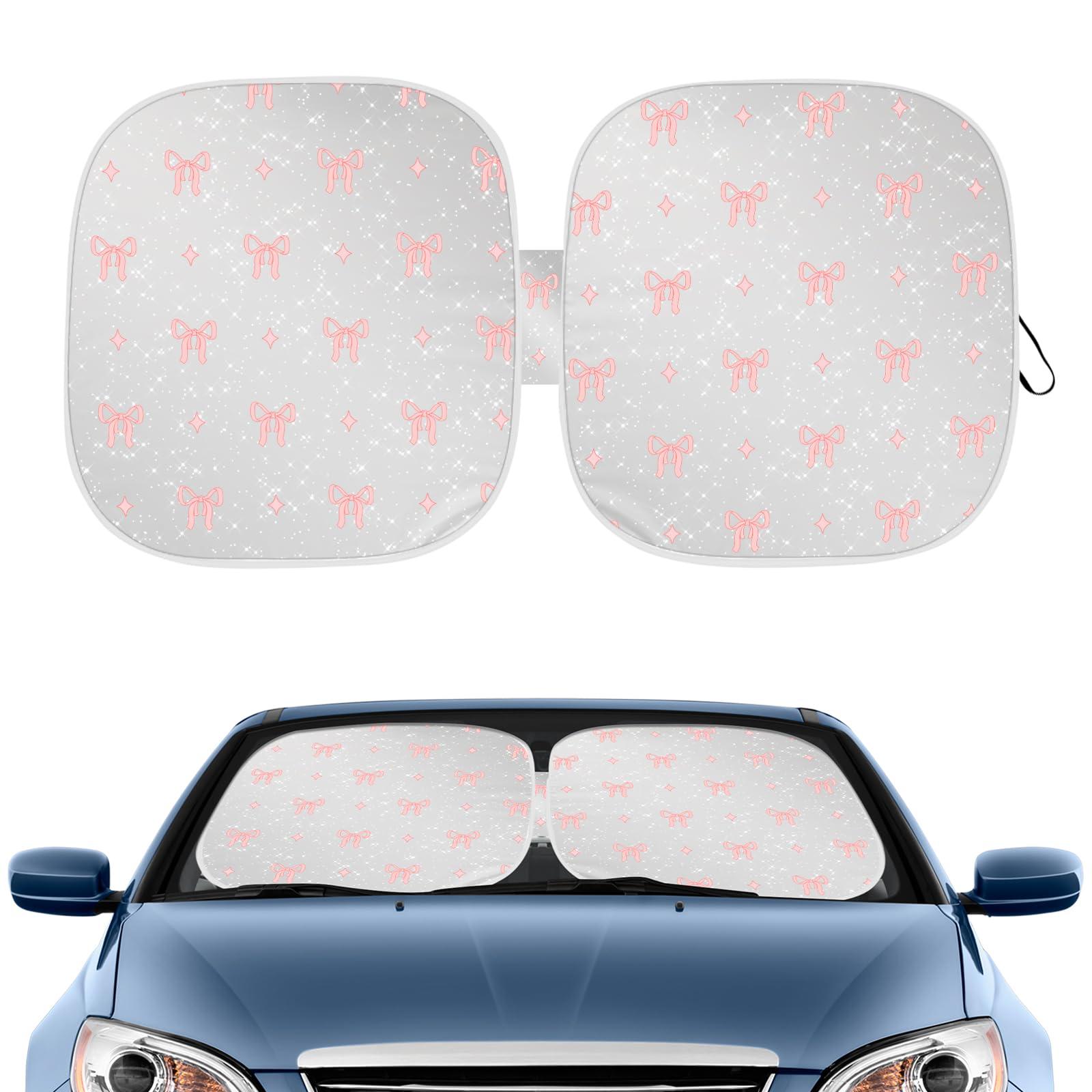 Pink Bow Print Car Windshield Sun Shade, Foldable Reflective UV Protection Sun Visor with Storage Pouch, Auto Interior Accessories for Sedan, SUV, Hatchback