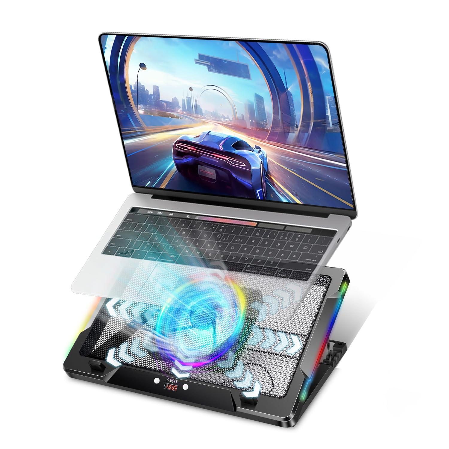 G-STORY Gaming Laptop Cooling Pad with Movable Fan and Automatic Speed Adjustable by Temperature,Music Sync RGB Light,Low Noise Laptop Cooler 3 Speed 1500/1750/2000RPM(140MM) Stand 12–18" Notebook