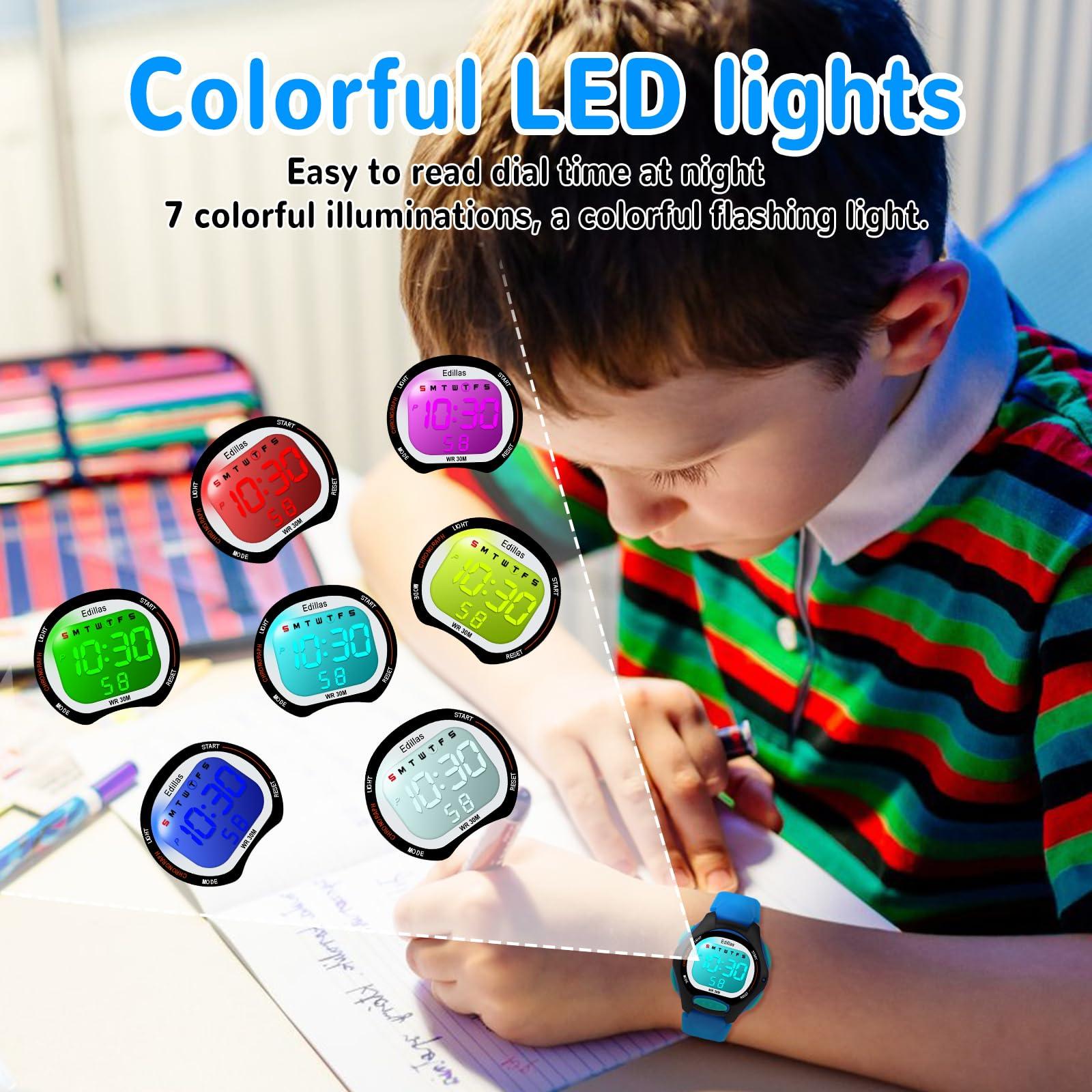 Edillas Kids Watches Digital Girls Boys,7 Colors Light Wrist Watch for Child Waterproof Sport Outdoor Multifunctional Watches with Stopwatch/Alarm for Ages 4-15 - Image 2