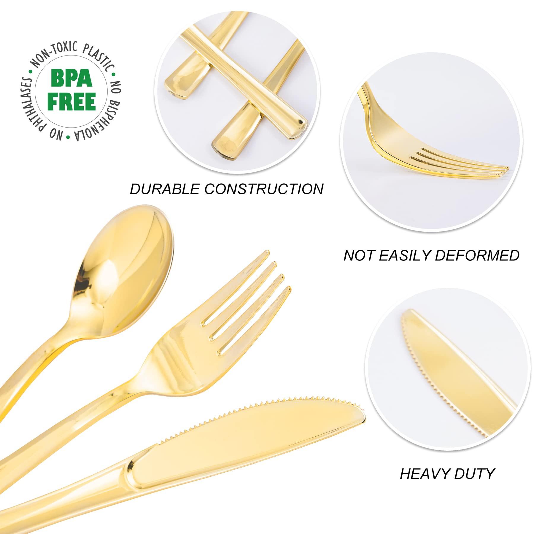 N9R 300PCS Gold Plastic Silverware, Heavy Duty Gold Plastic Cutlery Set Disposable Flatware Dinnerware, 100 Forks, 100 Spoons, 100 Knives, Perfect for Party, Wedding and Daily Use - Image 5