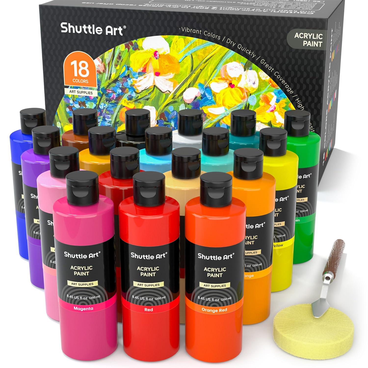 Shuttle Art 18 Colors Acrylic Paint Bottle Set (250ml/8.45oz), Rich Pigmented Bulk Painting Supplies for Artists, Beginners and Kids on Rocks Crafts Canvas Wood Ceramic
