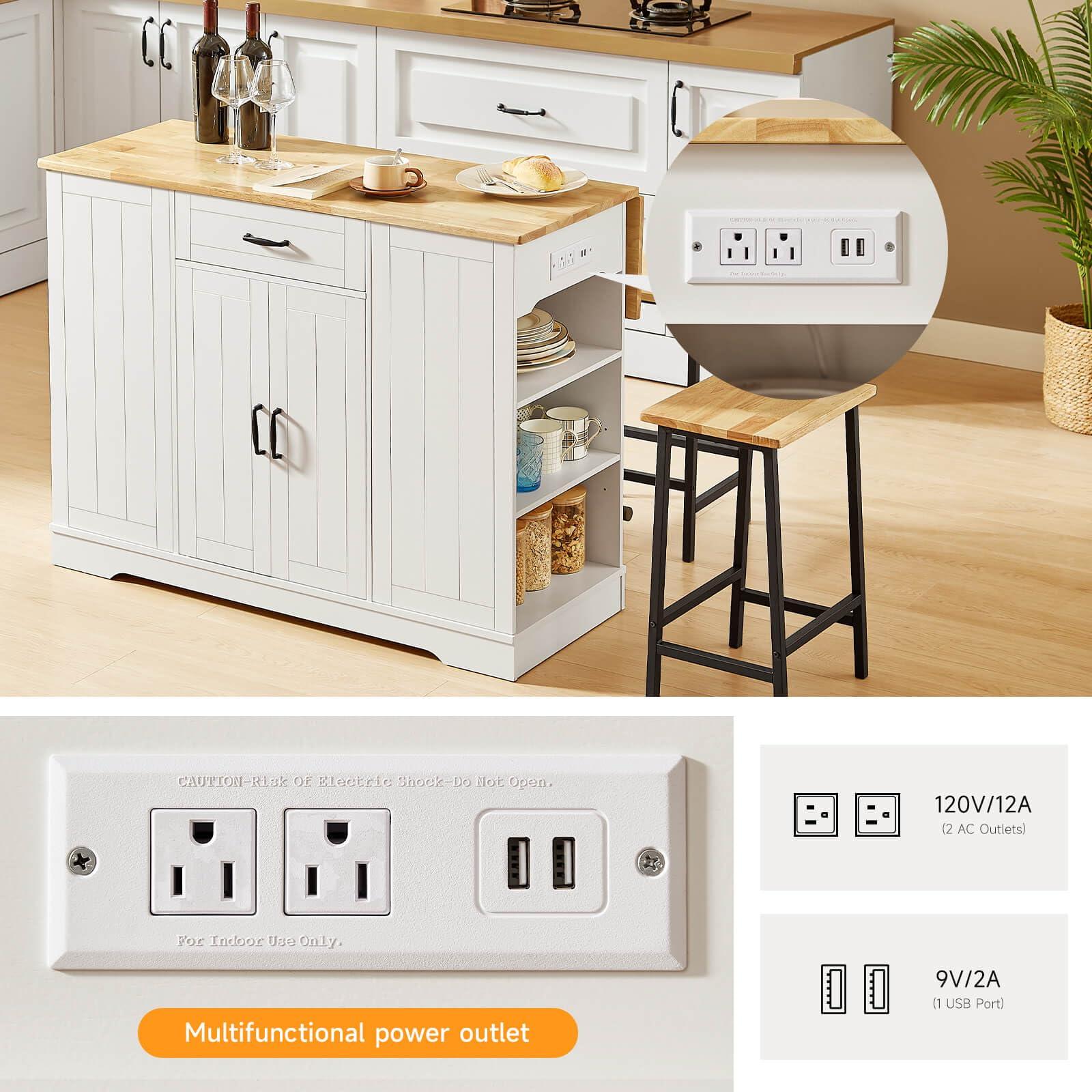 ONBRILL Stationary Kitchen Islands Include 2 Chairs, 47" Kitchen Island with Drop Leaf, Home Bar Table with Spice Rack & with Trash Cabinet, Island Table for Dining Room with Power Outlet, White - Image 7