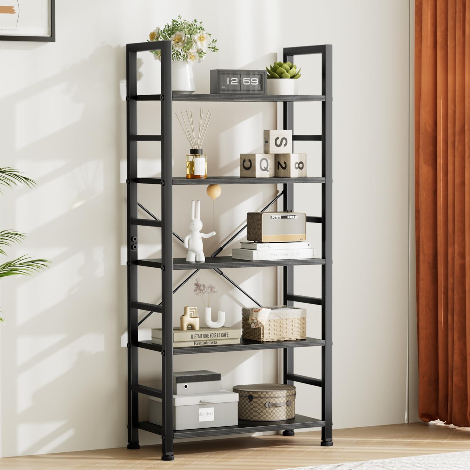 Sweetcrispy Book Shelf, 5 Tier Bookcase, Modern Tall Bookshelf for Garage Kit, CDs, Movies, Industrial Corner Storage Organizer for Bedroom Home Office Kitchen Living Room, Black - Image 8