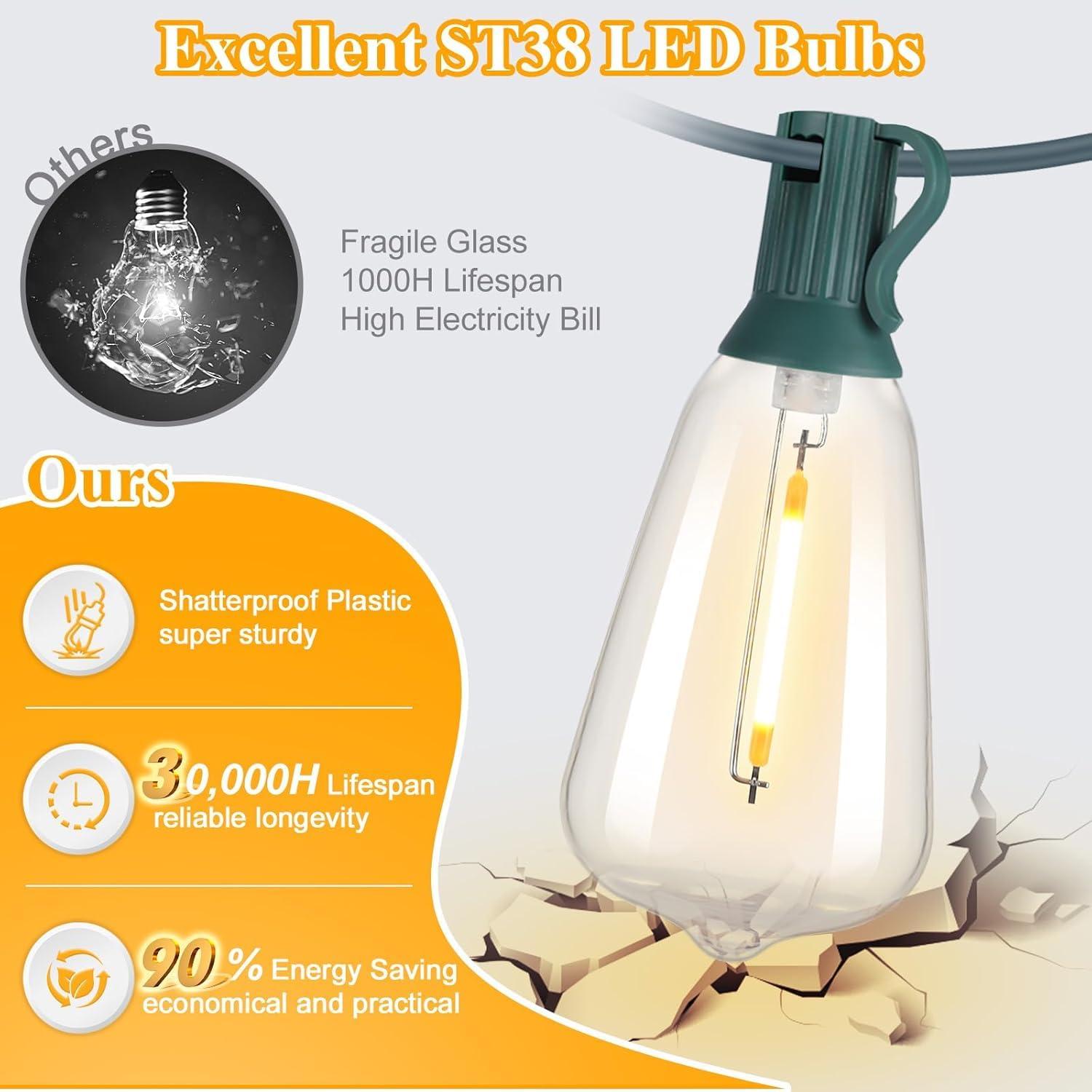 Brightever LED Outdoor String Lights 100FT with 52 Shatterproof ST38 Vintage Edison Bulbs, Outside Hanging Lights Waterproof for Patio, Porch, Deck, Garden, Backyard, Balcony, Green Wire - Image 2