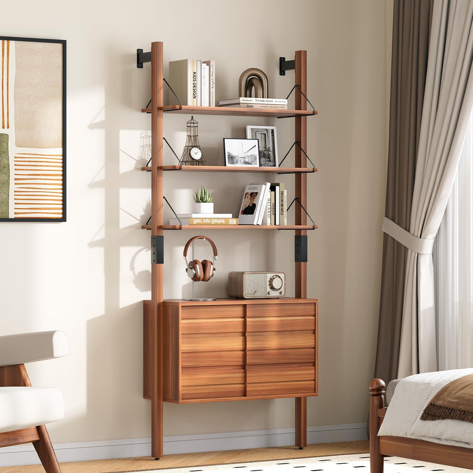 JOINICE, Ladder Bookshelf with Storage Cabinet, Mid Century Modern Wall Mounted Bookcase with Wood and Metal Frame, 6 Tier Open Display Shelves for Living Room, Bedroom, Home Office, Cherry - Image 4