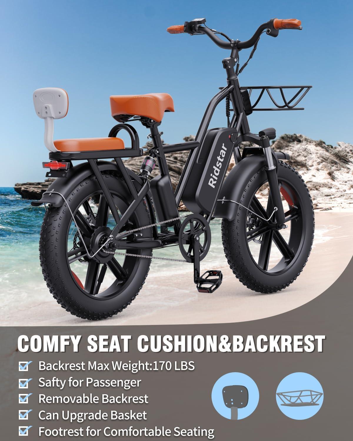 Ridstar 2 Seater Electric Bike for Adults,1500/1000W 30MPH 30-70Miles 48V 15AH Removable Battery Ebike 20" x 4.0 Fat Tire Beach Mountain Commuting Electric Bicycles W/Fork Suspension UL2849 - Image 5