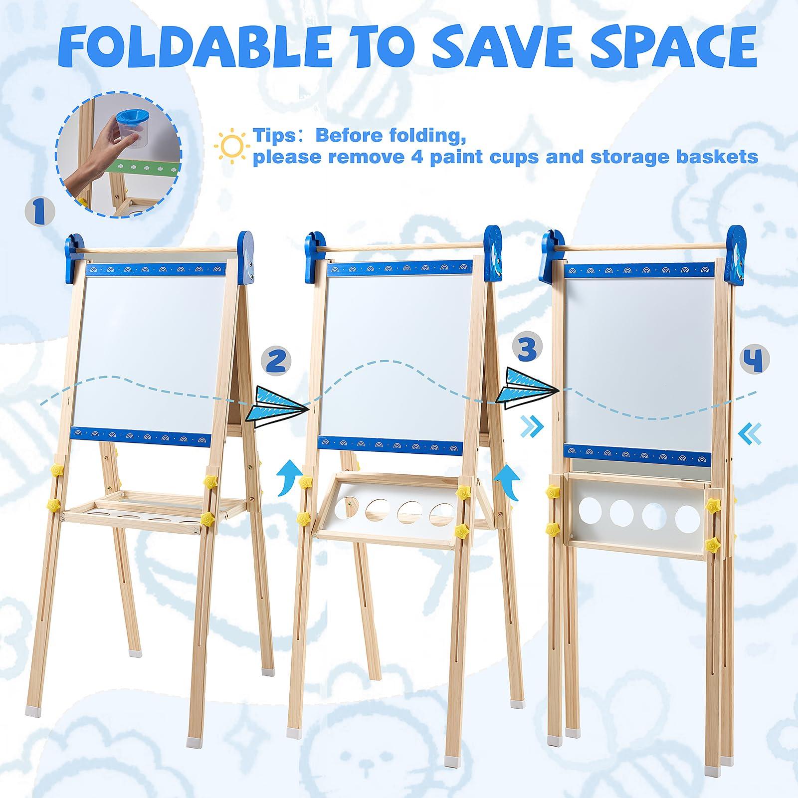 Art Easel for Kids Easels for Toddlers, Double-Sided Adjustable Magnetic Chalkboard Whiteboard, Wooden Painting Easel with Paper Roll, Foldable Standing Drawing Easel for Toddlers Boys Girls Ages 3-12 - Image 6