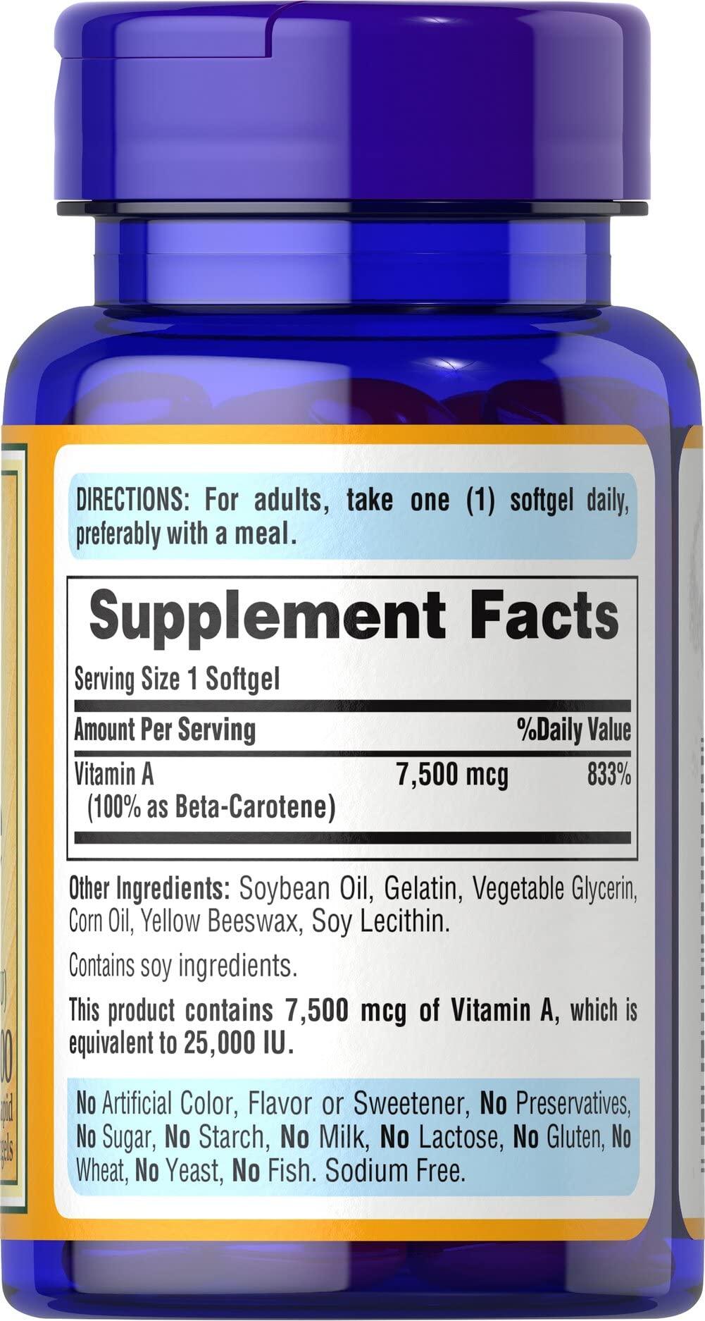 Puritan's Pride Beta Carotene Provitamin A 7,500mcg (25,000 IU), Vitamin Supplement for Immune System, Antioxidant and Eye Health Support, 100 Day Supply, 100 Rapid Release Softgels - Image 2