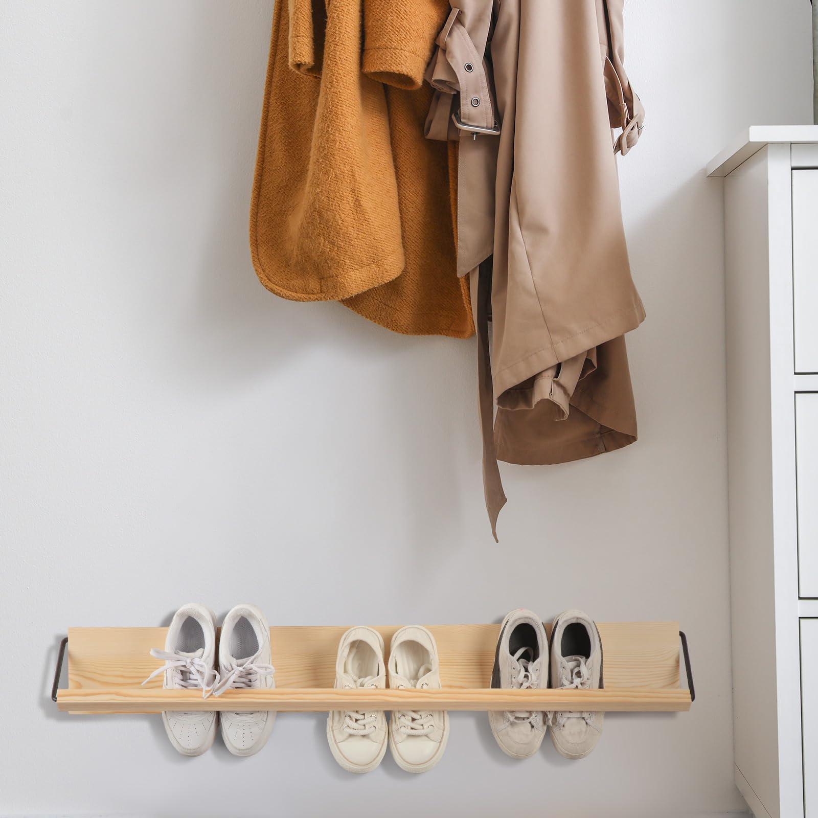 Mifoci 2 Pcs Wall Mounted Shoe Rack Organizer Wooden Modern Compact Wall Space Saving Shoe Holder Storage for Sneaker Footwear Slipper Boots Entryway Narrow Spaces Hallway(39.37'' Long) - Image 7