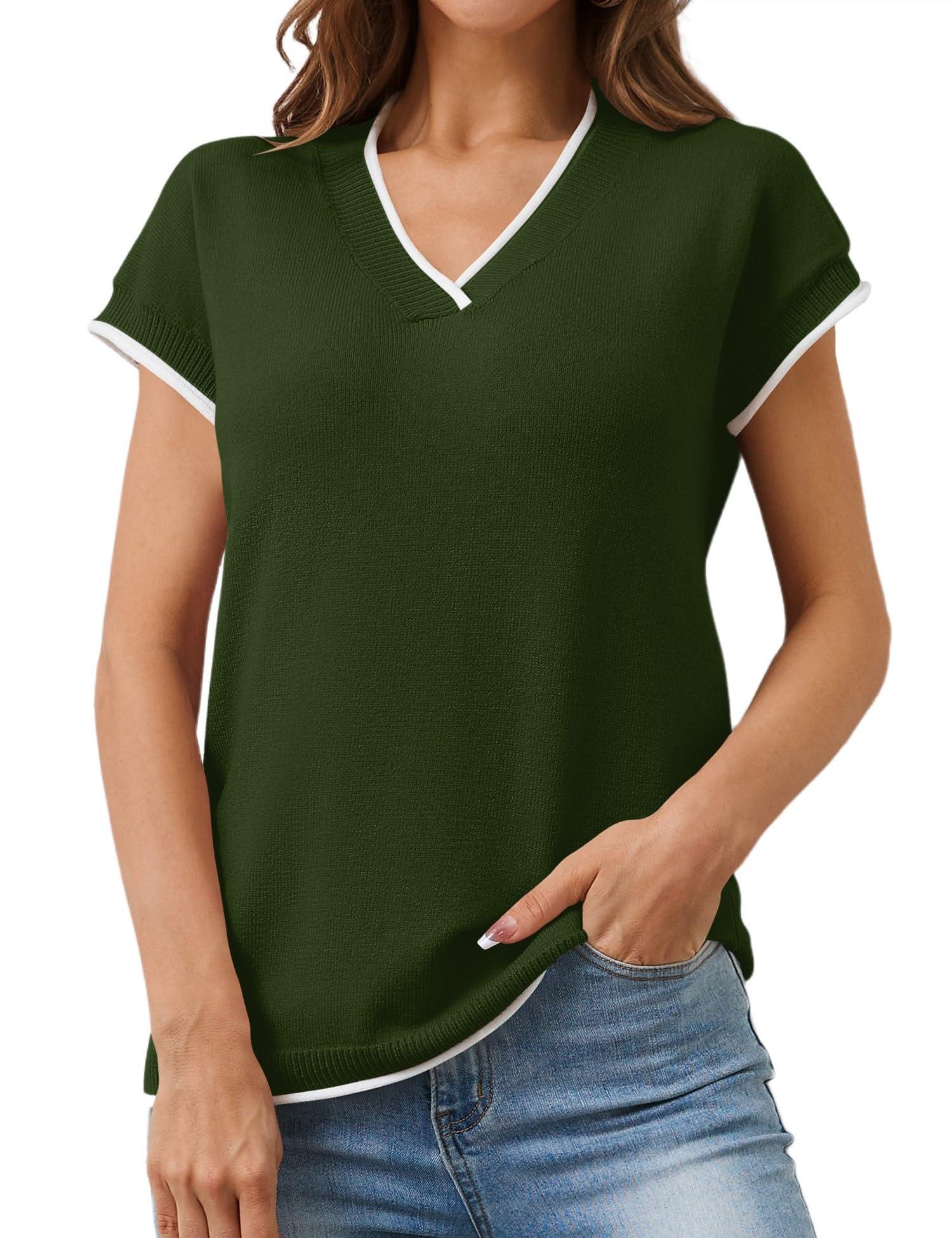 LUYAA Womens Sweaters Business Casual V Neck Lightweight Spring Sweaters for Women 2025 Work Tops Pullover Army Green S