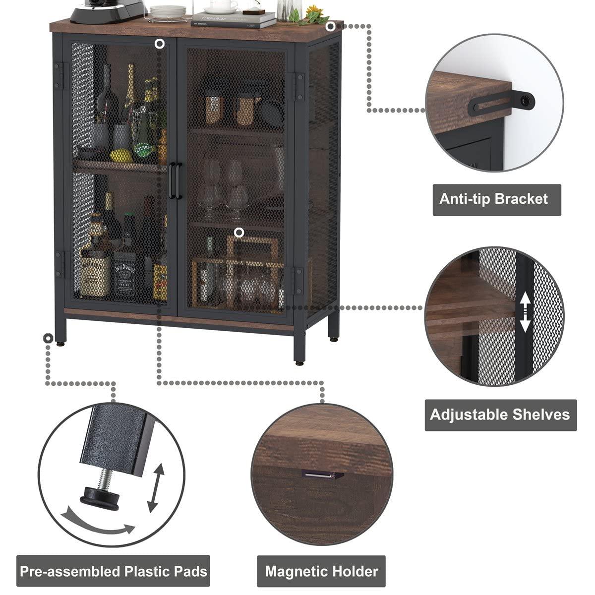 BON AUGURE Coffee Bar Cabinet for Liquor, Small Storage Cabinet for Home Kitchen, Farmhouse Buffet Sideboard Console Table, Industrial Alcohol Cabinets for Dining Entryway Living Room (Rustic Oak) - Image 3