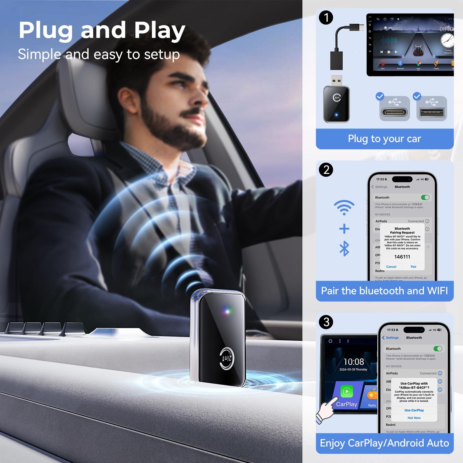 Wireless Carplay Adapter for iPhone, Convert Wired Carplay to Wireless, 2 in 1 Plug and Play Android Auto and Carplay Adapter for iOS 10 Android 11 and Above, Cars with Built-in Carplay (Silver) - Image 2
