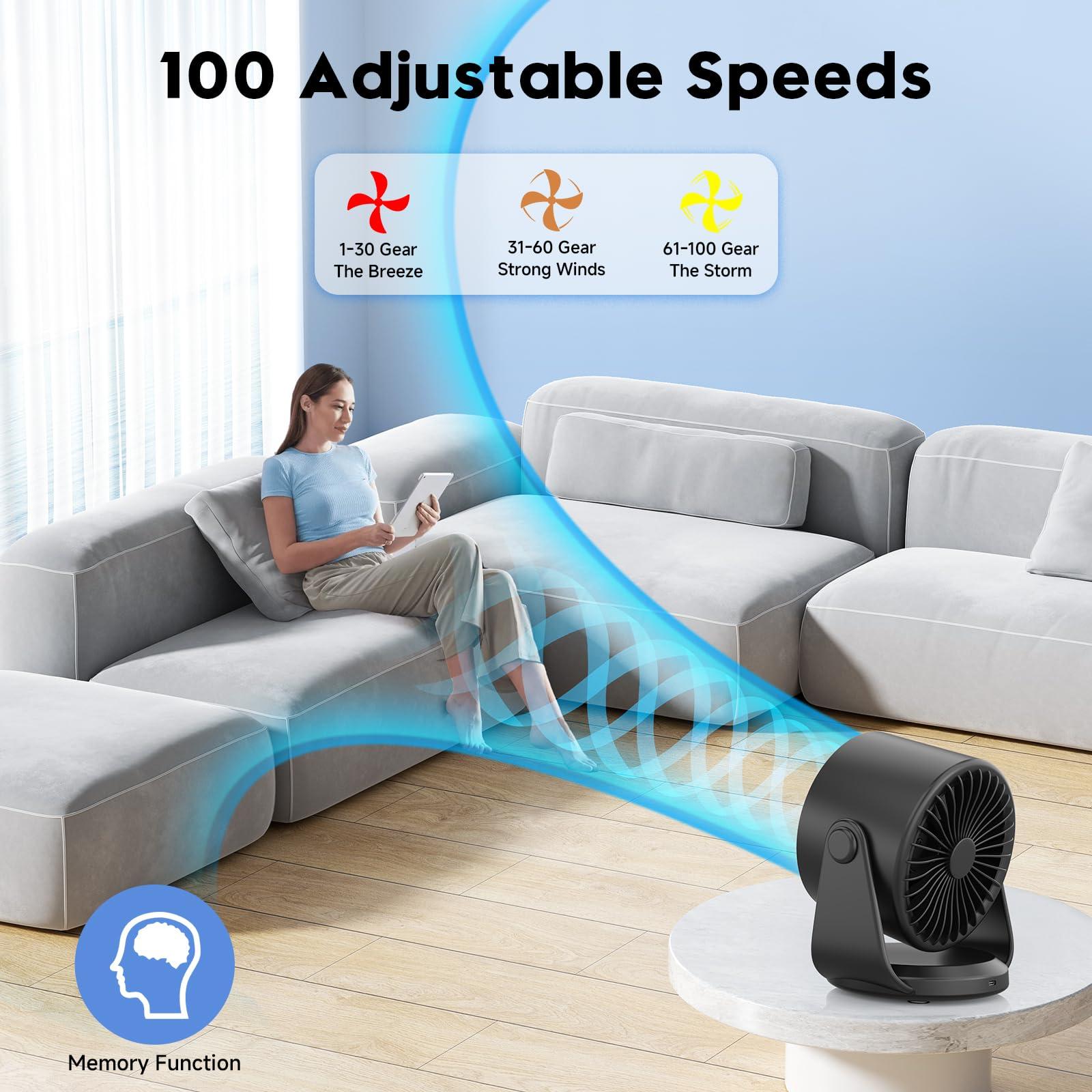 YOSHENMO Desk Fan, Turbo Table Fan for Bedroom, 100-Speed Digital Display, Low Noise, 105° Adjustable Tilt, 7.5-inch, Rechargeable Battery, Wall-Mouted Design for Home, Office, Travel Dark Black - Image 6