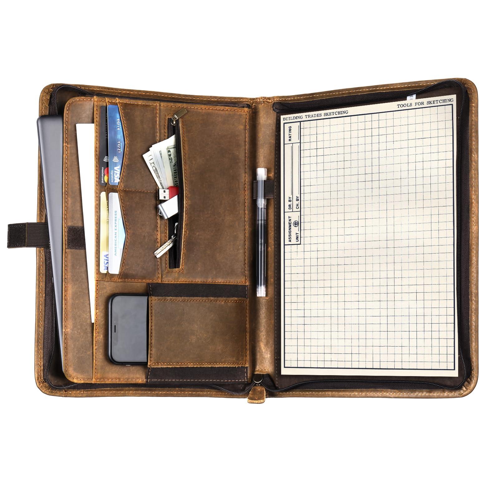Carpetene Portfolio Binder, Leather Portfolio Organizer with Zipper, Stylish Brown Padfolio for Men Women, for Business, Legal Pad Holder, A4/Pad Compatible, Professional Genuine Leather Folio Folder