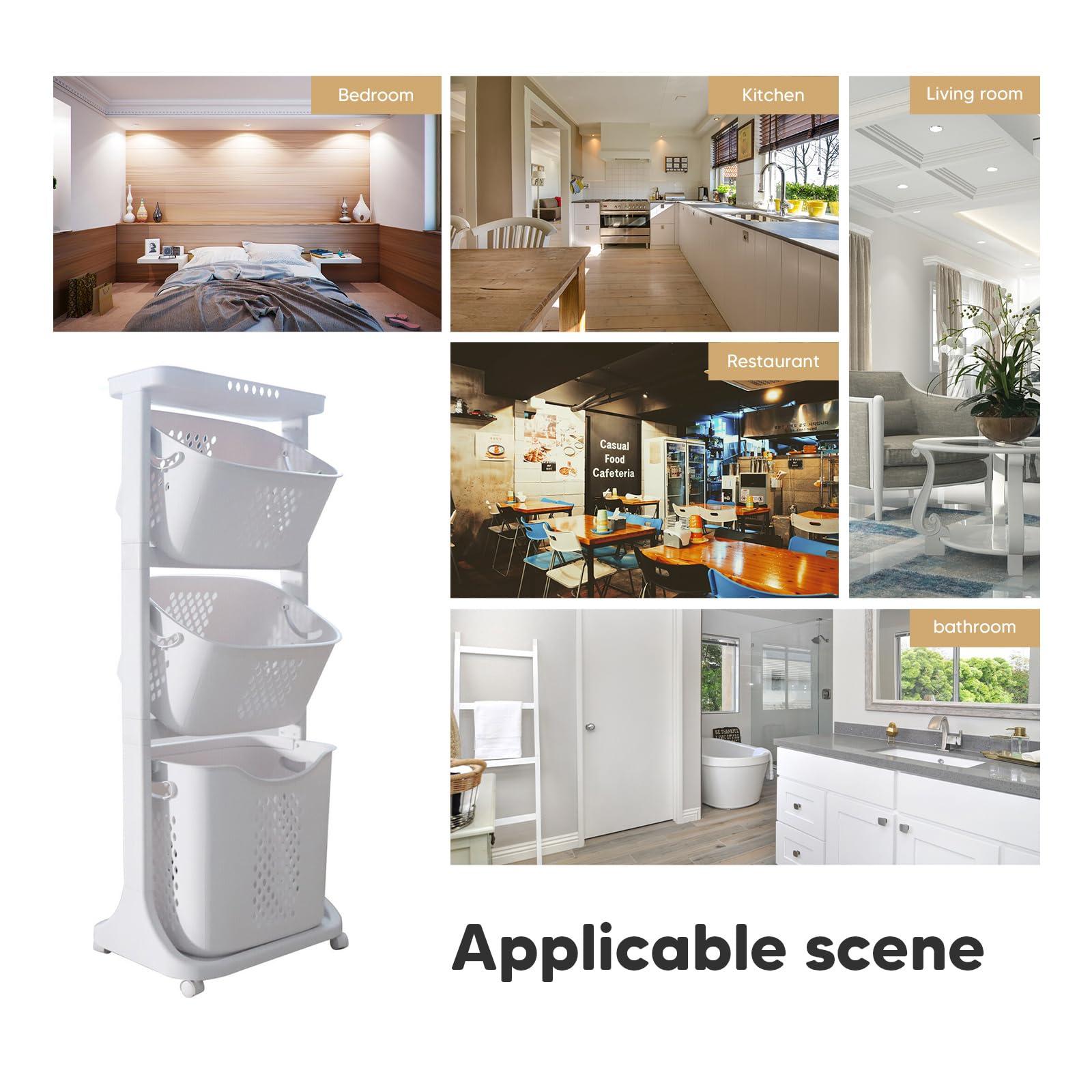 BAOKALER Rolling Laundry Hamper Cart with Wheels, 3 Tier White Laundry Baskets, Clothes Hamper with Portable Storage Baskets for Kitchens, Bathrooms, Bedrooms, Classrooms, Laundry Rooms - Image 6