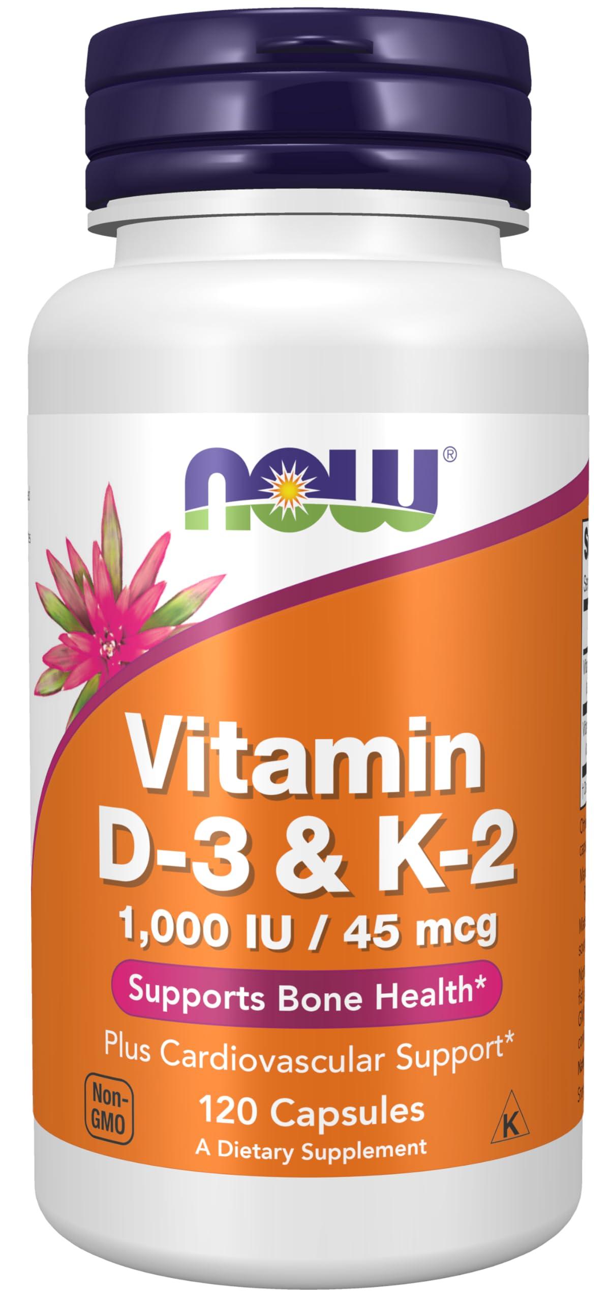 NOW Supplements, Vitamin D-3 & K-2, 1,000 IU/45 mcg,Plus Cardiovascular Support*, Supports Bone Health*, 120 veg Capsules