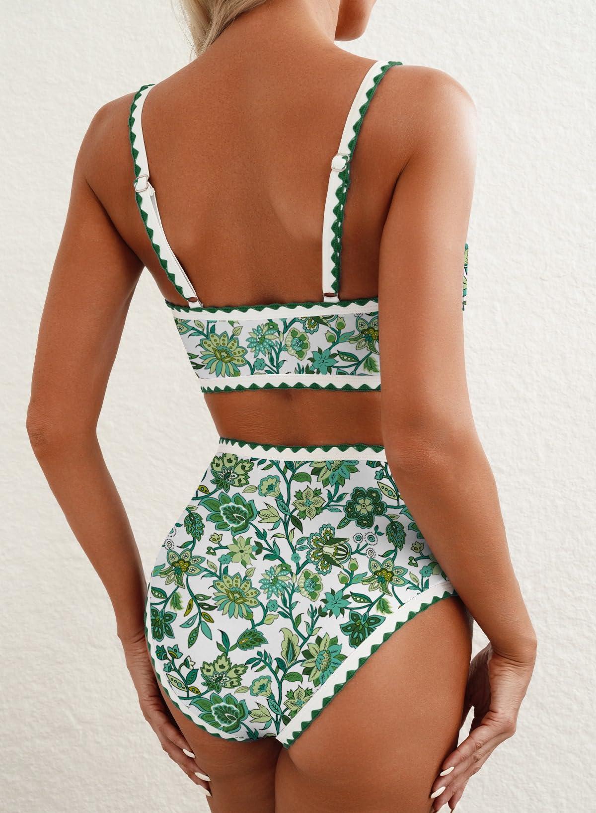 Herseas Women's Bikini Sets Floral Print Whip Stitch 2 Piece Swimsuits High Waisted Scoop Bathing Suits - Image 2