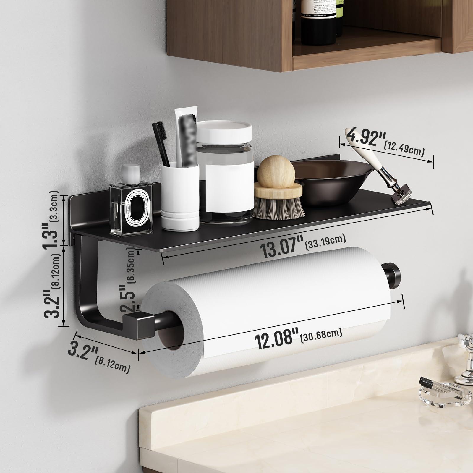 Danpoo Wall Mount Paper Towel Holder with Shelf for Bathroom/Kitchen, Adhesive Hand Towel Holder, Matte Black - Image 3