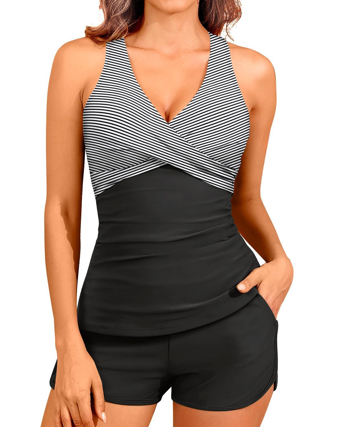 Women Tankini Swimsuits with Shorts - Two Piece Tummy Control Bathing Suits Top with Two Pockets Bottom Swimwear