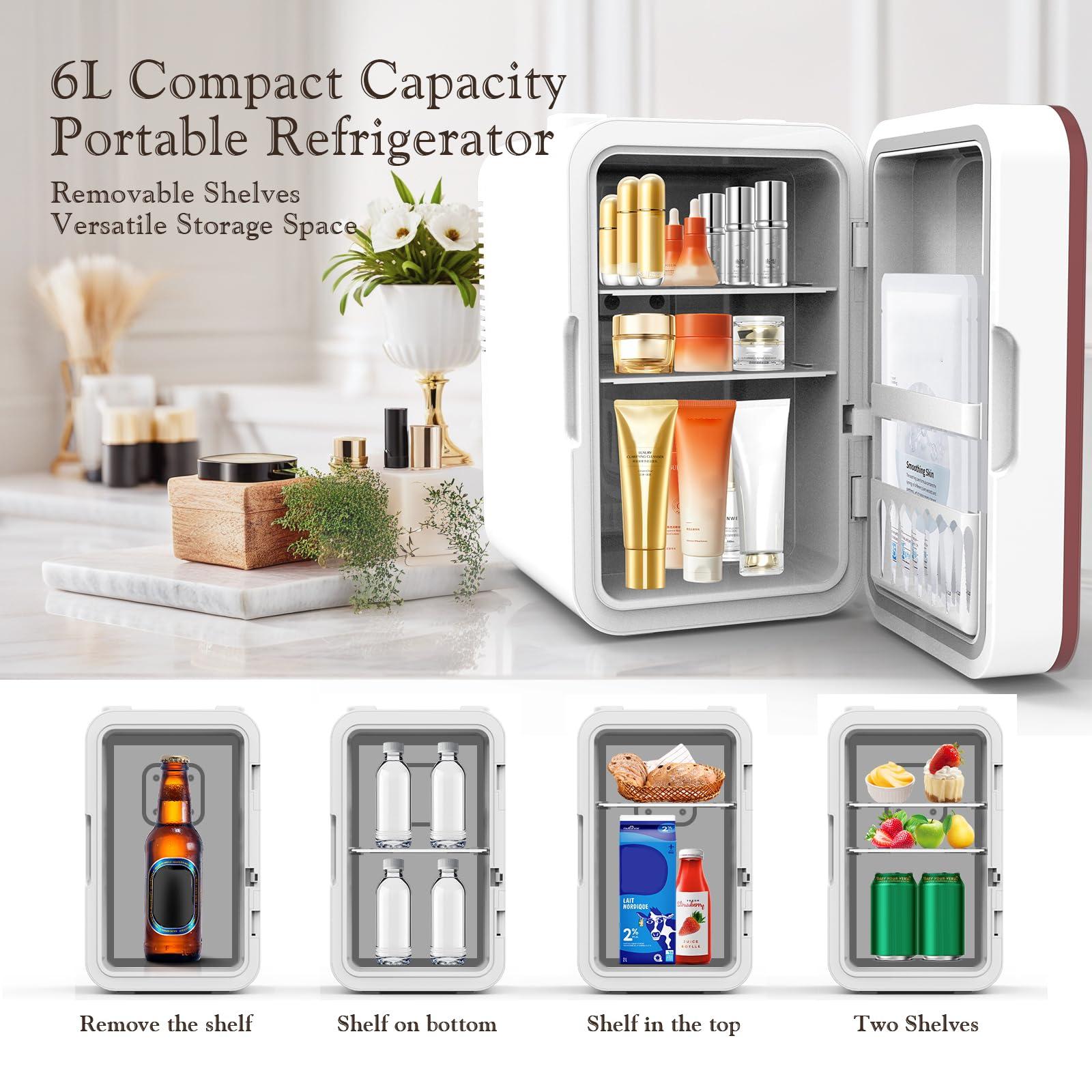 YLFU Skincare Fridge, 6L/10 Can Mini Fridge for Bedroom with Dimmable LED Mirror, Portable Cooler & Warmer Small Compact Refrigerator for Skincare, Cosmetics, Bedroom and Office, White - Image 4