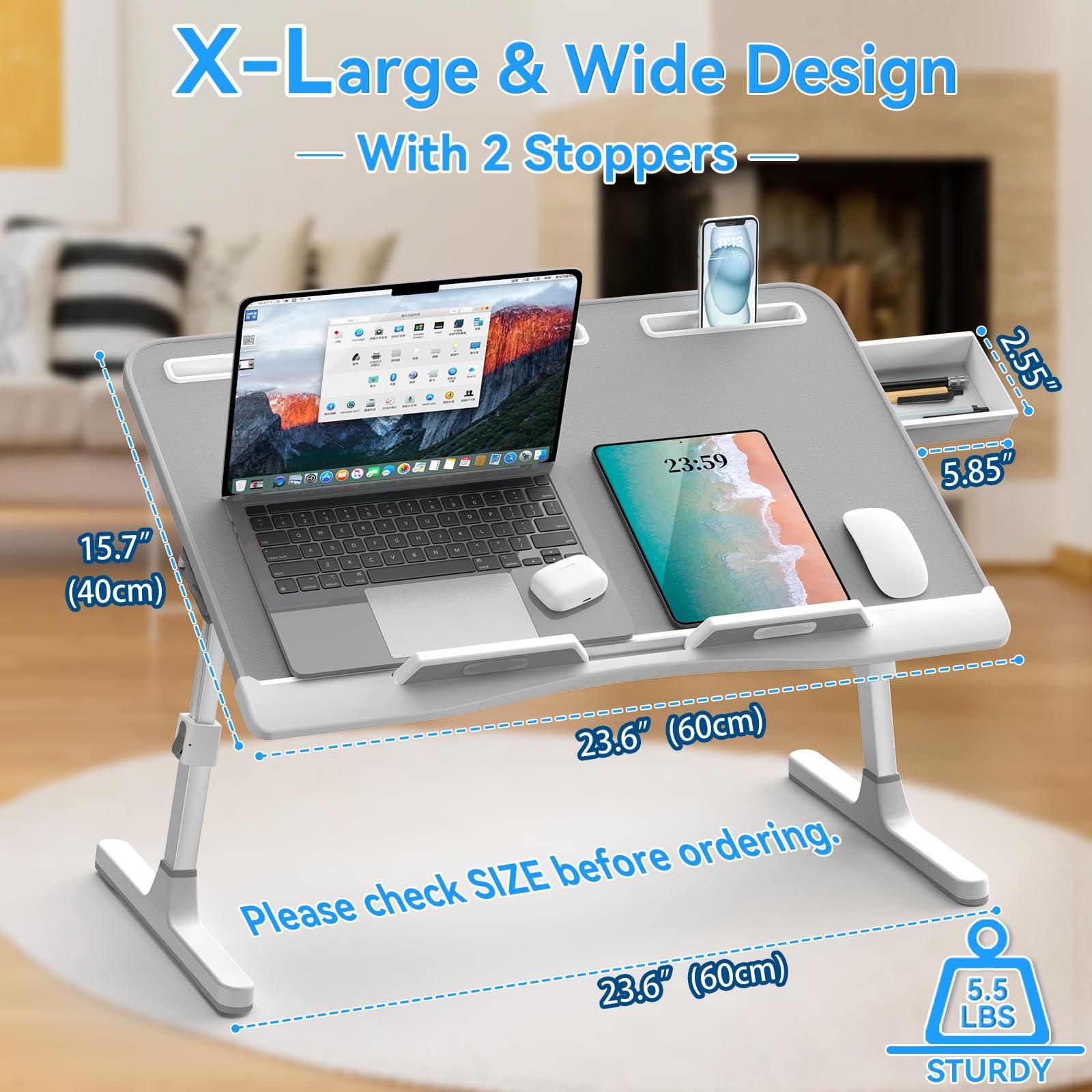 Laptop Bed Desk, X-Large Leather Adjustable Computer Bed Table Tray, Foldable Laptop Lap Desk for Bed Sofa Couch Floor Writing Eating Working with Drawer 2 Movable Stoppers (23.6 inch, Grey) - Image 2