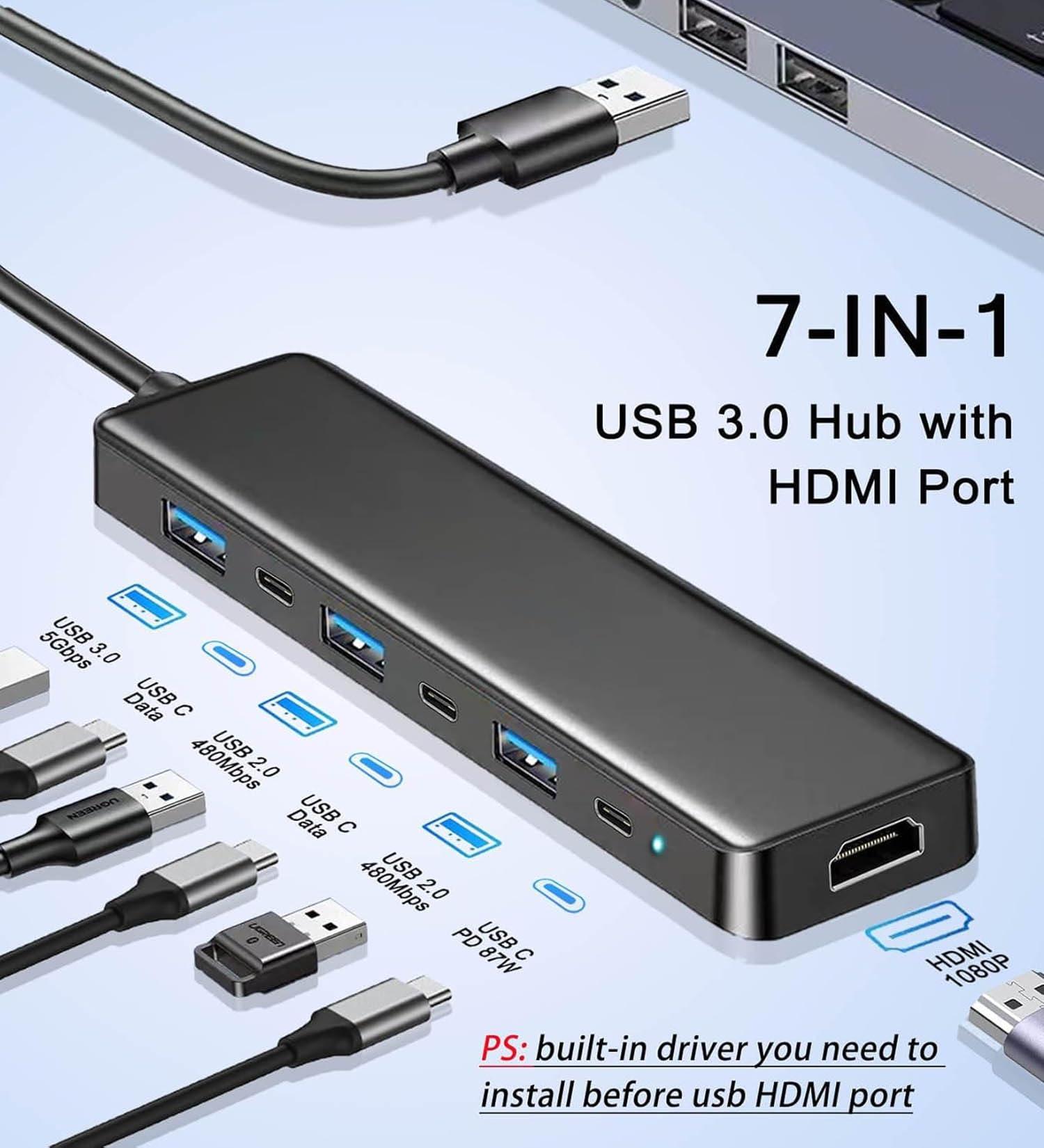 VIENON USB 3.0 to HDMI Adapter (7-in-1), USB 3.0 Hub with HDMI 1080P, USB C Data & Power Ports, Docking Station for Monitor, PC, Laptop, Desktop Support Windows 7/8/10 & Mac OS - Image 2