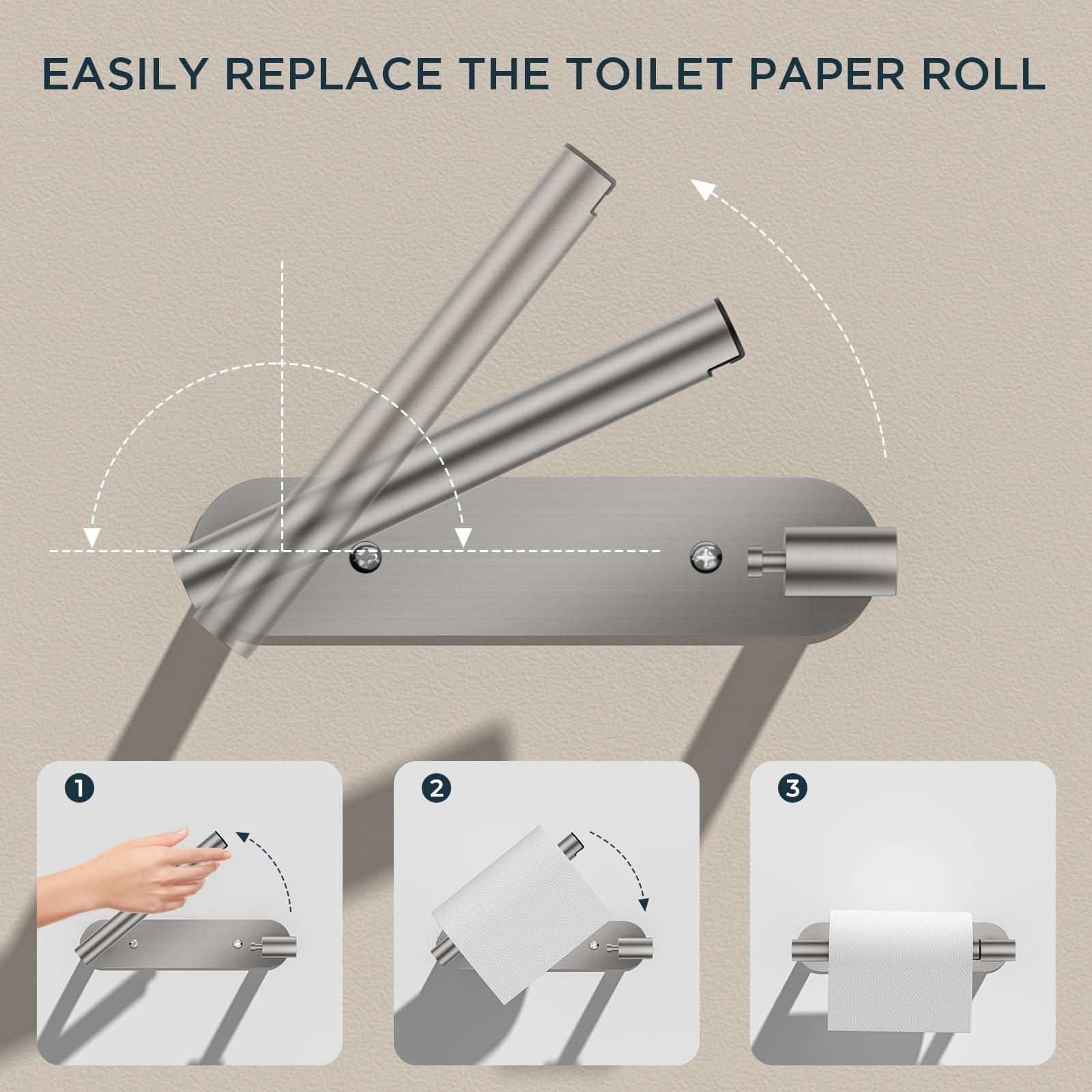 FORIOUS Toilet Paper Holder, Adhesive or Screw Wall Mount Pivoting Tissue Roll Holder for Bathroom, Stainless Steel Rustproof Self Adhesive Toilet Paper Roll Holder no Drilling, Brushed Nickel - Image 2