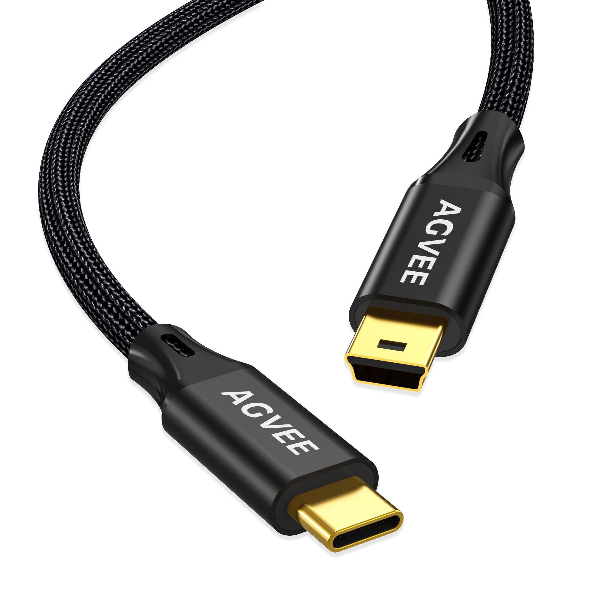 AGVEE 1ft USB-C to Mini USB Cable, Gold Plated End Tips, Braided Durable Mini-B 5-Pin to Type-C Data Charging Charger OTG Cord for Hero 3+, Canon Nikon Camera, GPS, Blue Yeti, Black