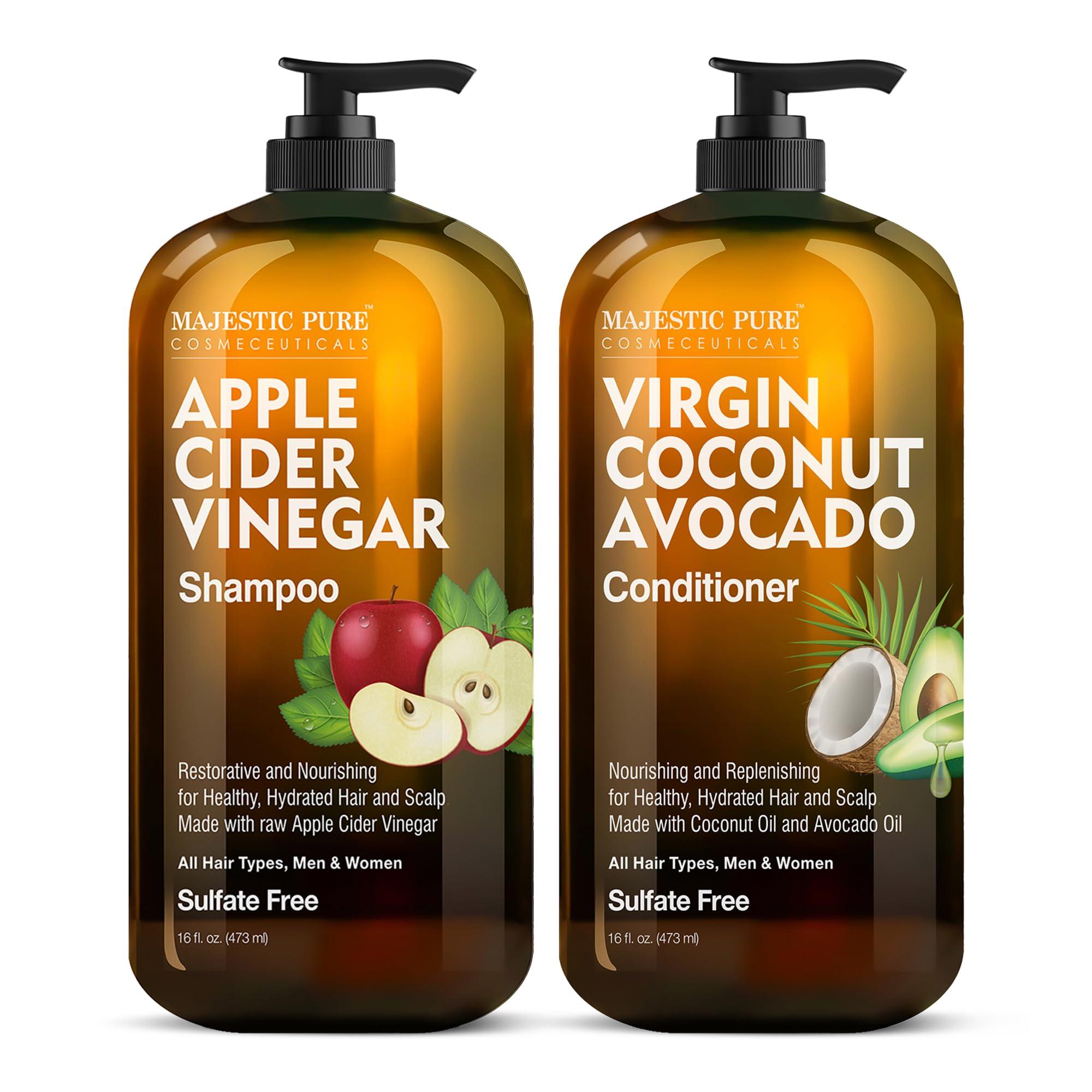 MAJESTIC PURE Apple Cider Vinegar Shampoo and Avocado Coconut Conditioner Set - Restores Shine & Reduces Itchy Scalp, Dandruff & Frizz - Sulfate Free, for All Hair Types, Men and Women - 2 x 16 fl oz