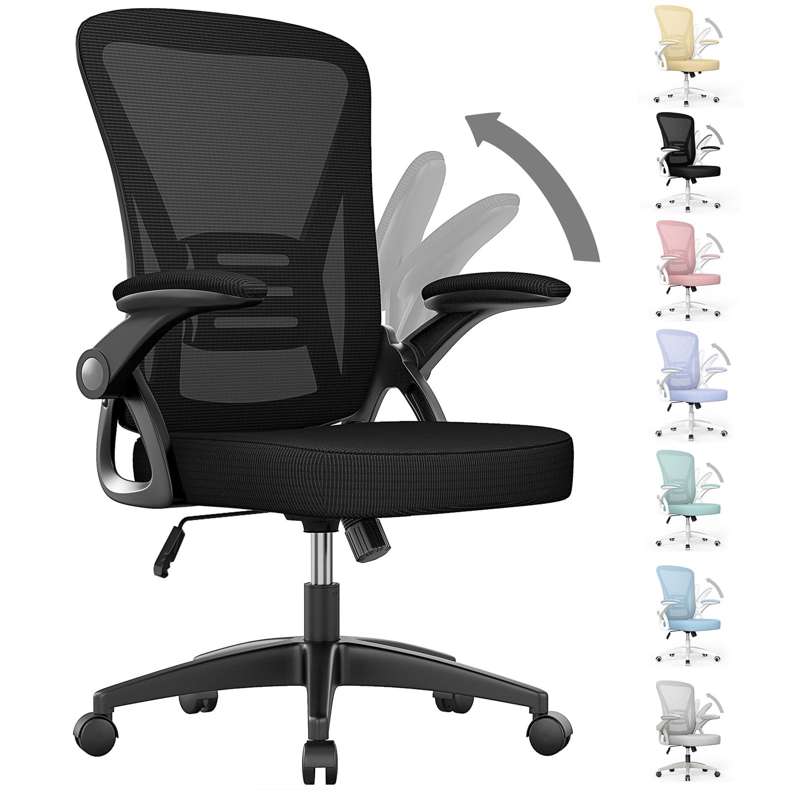 naspaluro Ergonomic Office Chair, Mid Back Desk Chairs with Adjustable Height, Swivel Chair with Flip-Up Arms and Lumbar Support, Breathable Mesh Computer Chair for Home/Study/Working, Dark Black