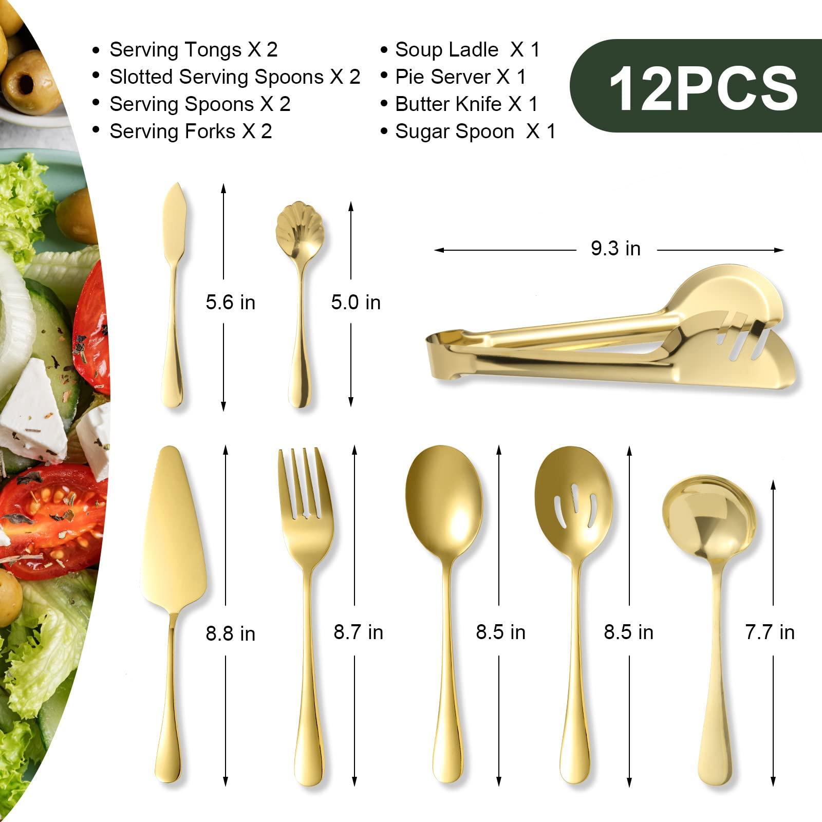 Keyoxy Gold Serving Utensils,12 Pcs Stainless Steel Serving Utensil with Serving Spoon,Slotted Spoons,Forks,Soup Ladle,Serving Tongs,Pie Server,Butter Knife Serving Utensils Set for Parties,Buffe - Image 3
