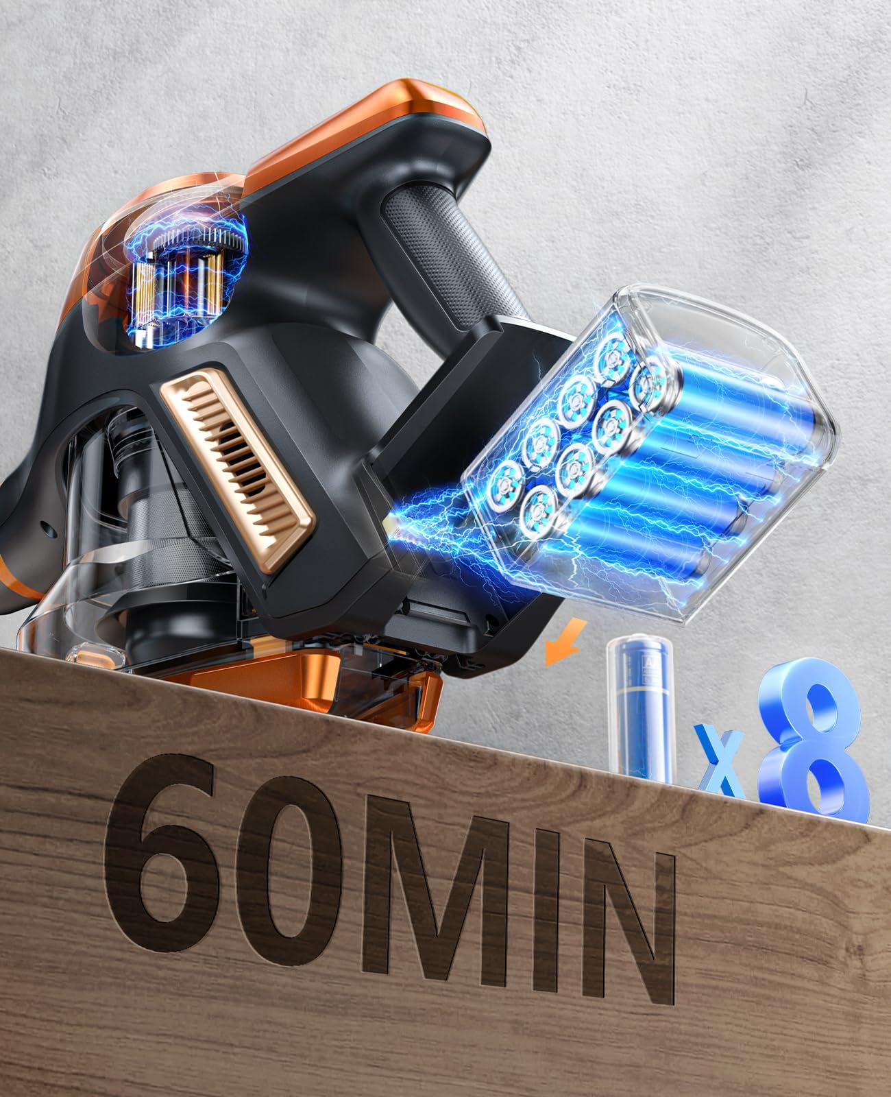 Fieety Cordless Vacuum Cleaner, 550W/45Kpa Vacuum Cleaners for Home with LED Screen, Max 60 Mins Runtime, Noise Reduction Tech, Anti-Tangle Stick Vacuum for Pet Hair Carpet and Hardfloor - Image 4