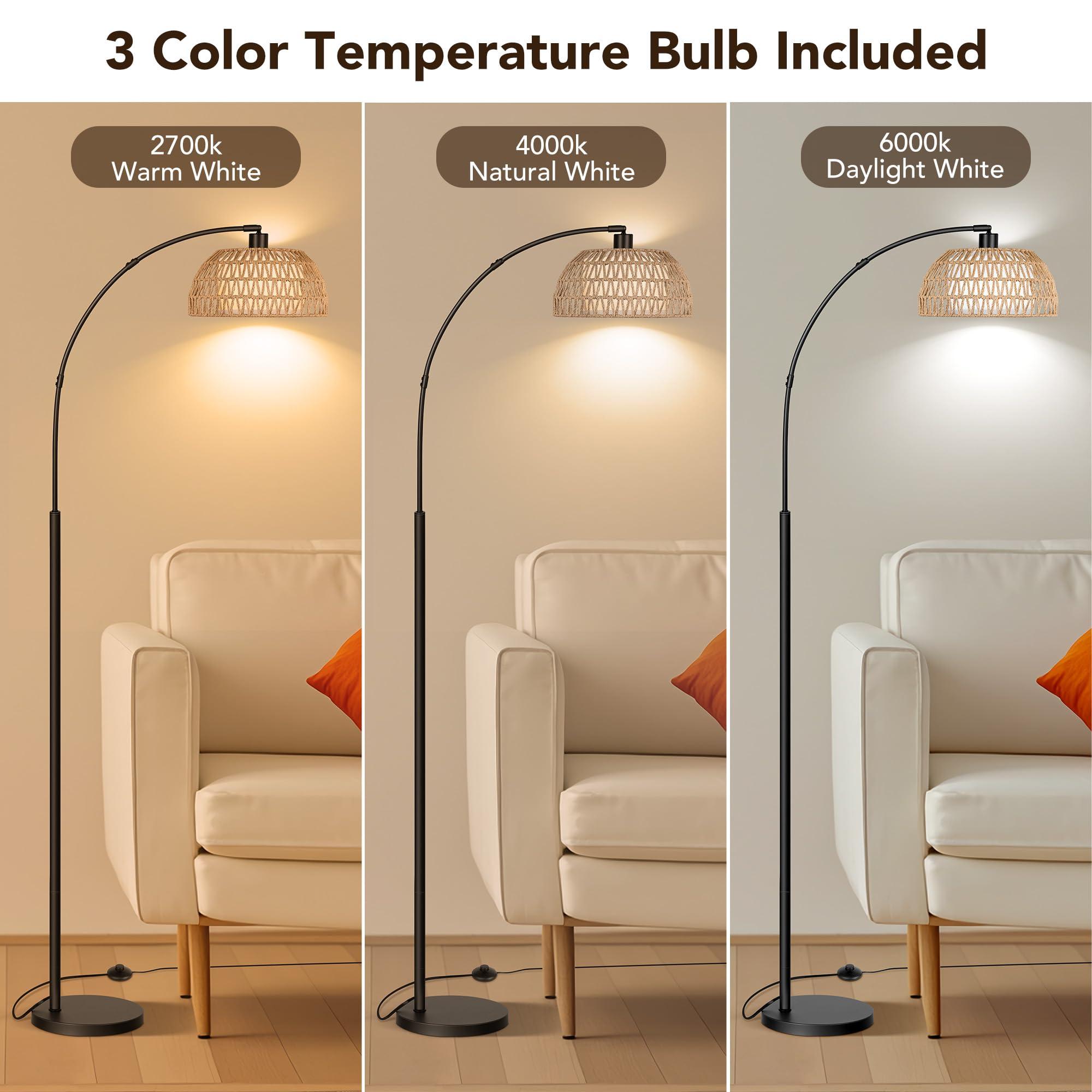 ROTTOGOON Arc Rattan Floor Lamps for Living Room with 3 Color Temperatures, Boho Floor Lamps with Foot Switch, Bohemian Farmhouse Standing Tall Lamps for Bedroom, Office, Bulb Included, 9W, Black - Image 3